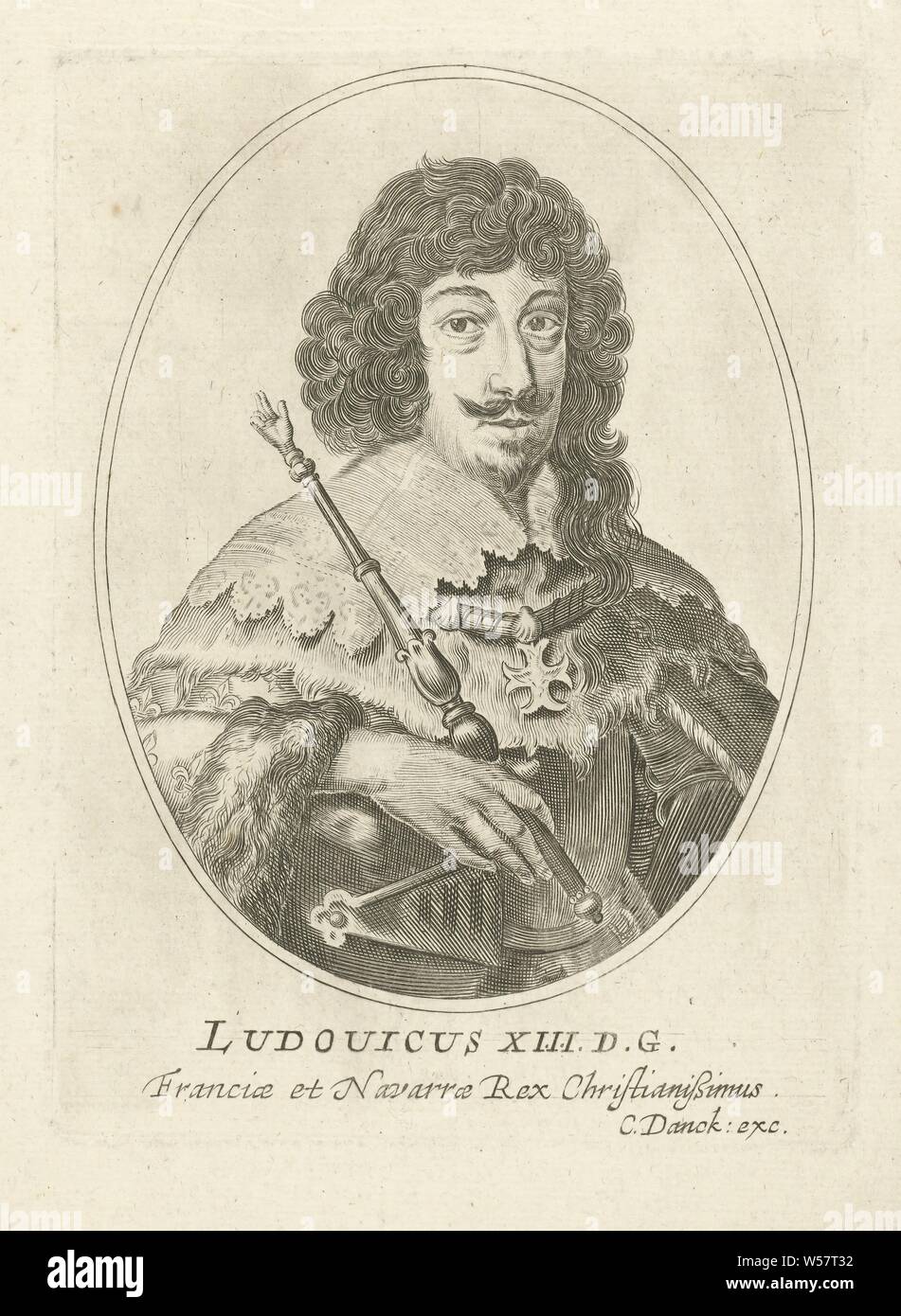 Ritratto di Luigi XIII Re di Francia di forma ovale Ludouicus XIII D.G. Franciae e Navarra Christianißimus Rex (titolo in oggetto), re di Francia in ovale, busto, vestita di manto regale e lo scettro in mano, Louis XIII (Re di Francia), Cornelis Danckerts (MI), Paesi Bassi, 1613 - 1656, carta, incisione h 150 mm × W 110 mm Foto Stock