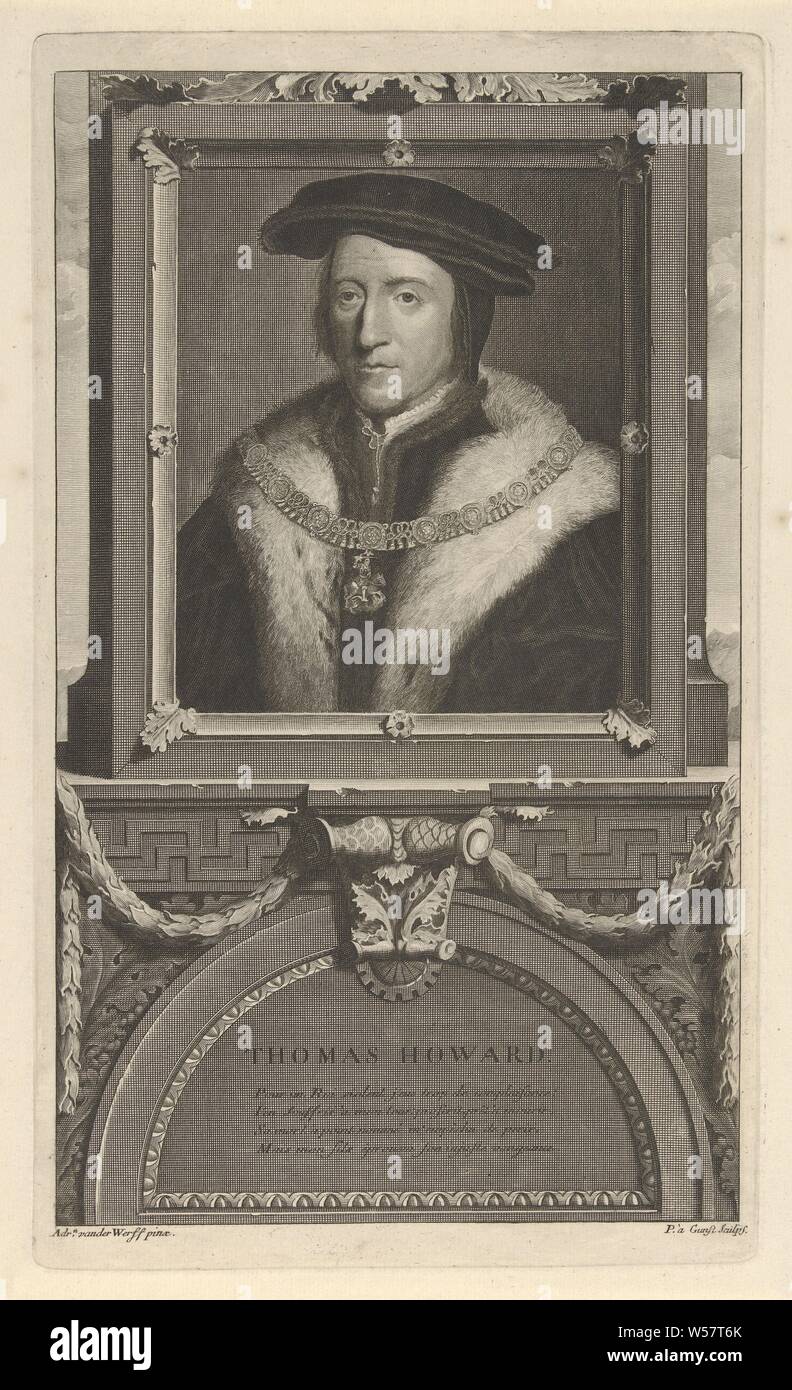 Ritratto di Thomas Howard, Conte di Norfolk, Thomas Howard, Conte di Norfolk e presidente in carica del Consiglio reale di Inghilterra durante il regno di Enrico VIII La stampa ha come una didascalia di un poema francese circa il suo rapporto con Henry VIII, Thomas Howard (3° Conte di Norfolk), Pieter van Gunst (menzionato in oggetto), Amsterdam, c. 1669 - 1731, carta, attacco, h 314 mm × W 185 mm Foto Stock