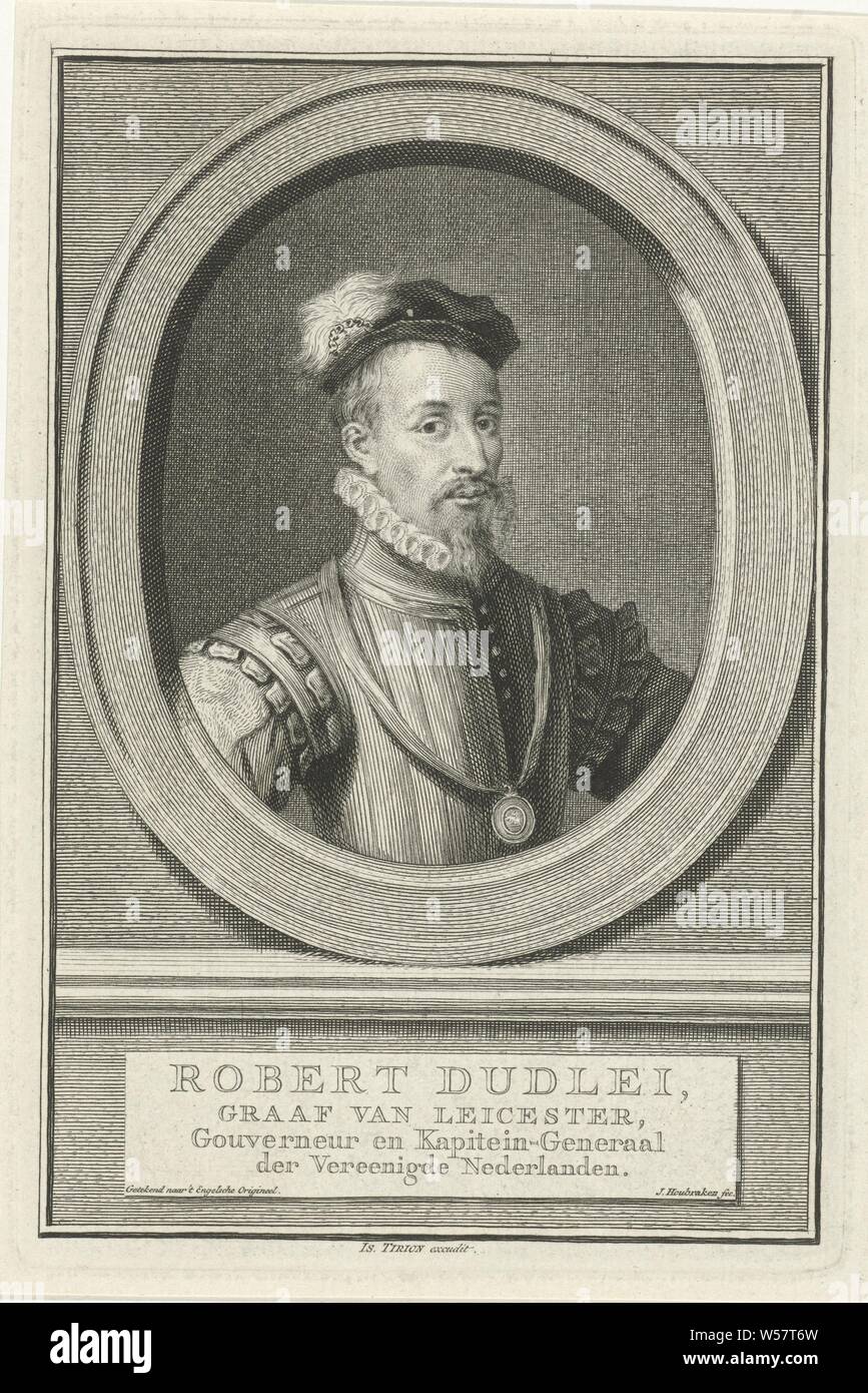 Ritratto di Robert Dudley, conte di Leicester Robert Dudlei (titolo in oggetto), Busto a destra di Robert Dudley, conte di Leicester in un ovale. Il ritratto poggia su un basamento sul quale il suo nome e i dettagli sono scritti in quattro linee in olandese, Robert Dudley (1° Conte di Leicester), Jacob Houbraken (menzionato in oggetto), Amsterdam, 1749 - 1759, carta, incisione h 177 mm × W 118 mm Foto Stock