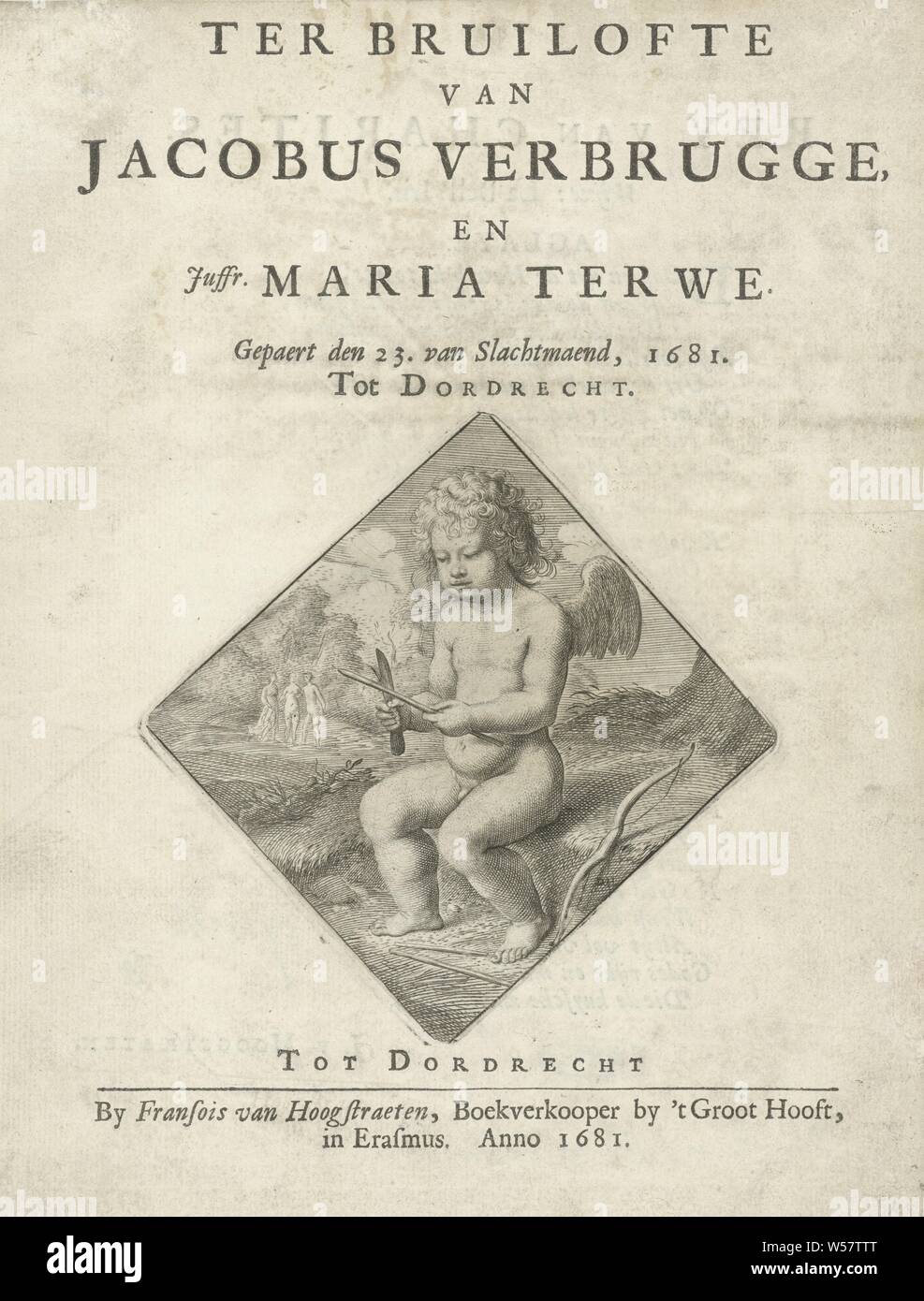 Amor affilato una freccia titolo vignette per: al matrimonio di Jacobus Verbrugge, e Miss. Maria Terwe, 1681 (titolo in oggetto), seduto Amor in un paesaggio con la sua faretra accanto a lui, affilare una freccia, aspetti specifici di Cupido, Archer's armi: freccia, Dirk van Hoogstraten (menzionato in oggetto), Dordrecht, 1606 - 1640 e/o 1681, la carta, tipografia, h 86 mm × W 78 mm Foto Stock