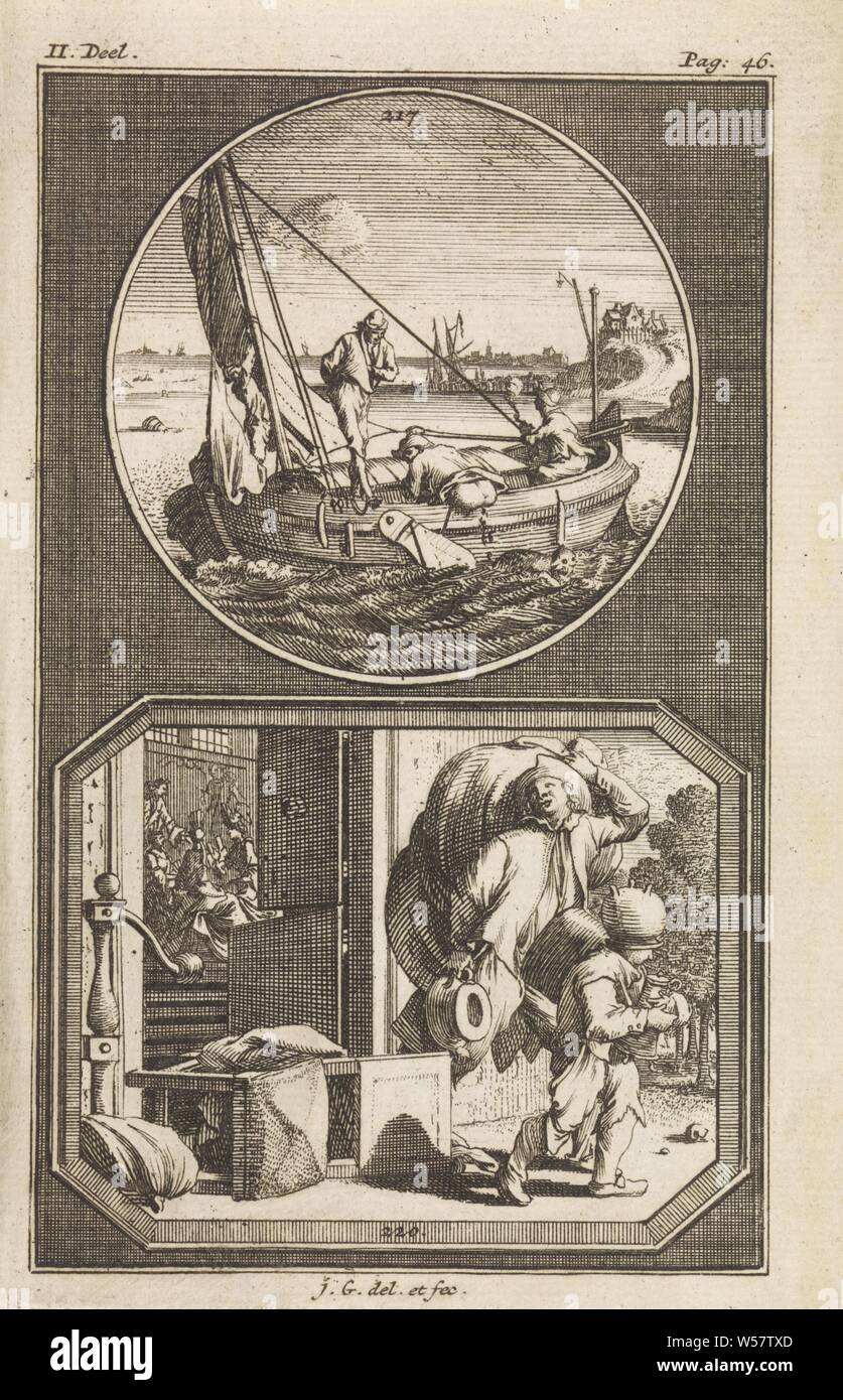 Sgabello da una barca / due barboni, due rappresentazioni di lotteria incantesimi, ciascuno con il proprio numero. Al di sopra di n. 217: una rappresentazione in un round elenco di una nave a vela in mare. Uno dei comandanti di nave allevia da sé l'imbarcazione. I suoi escrementi cadono su di una guarnizione di tenuta. Ai sensi del n. 220: una rappresentazione in un ottagonale elenco di due vagabondi lasciando una casa, sovraccarico con mobili. Sullo sfondo di alcuni ricchi di persone intorno a un tavolo, visto attraverso una porta aperta. La stampa ha un numero di pagina in alto a destra, nave a vela, barca a vela, la defecazione, nuoto mammiferi: guarnizione, mendicante, antifurto, banchetto o società elegante Foto Stock