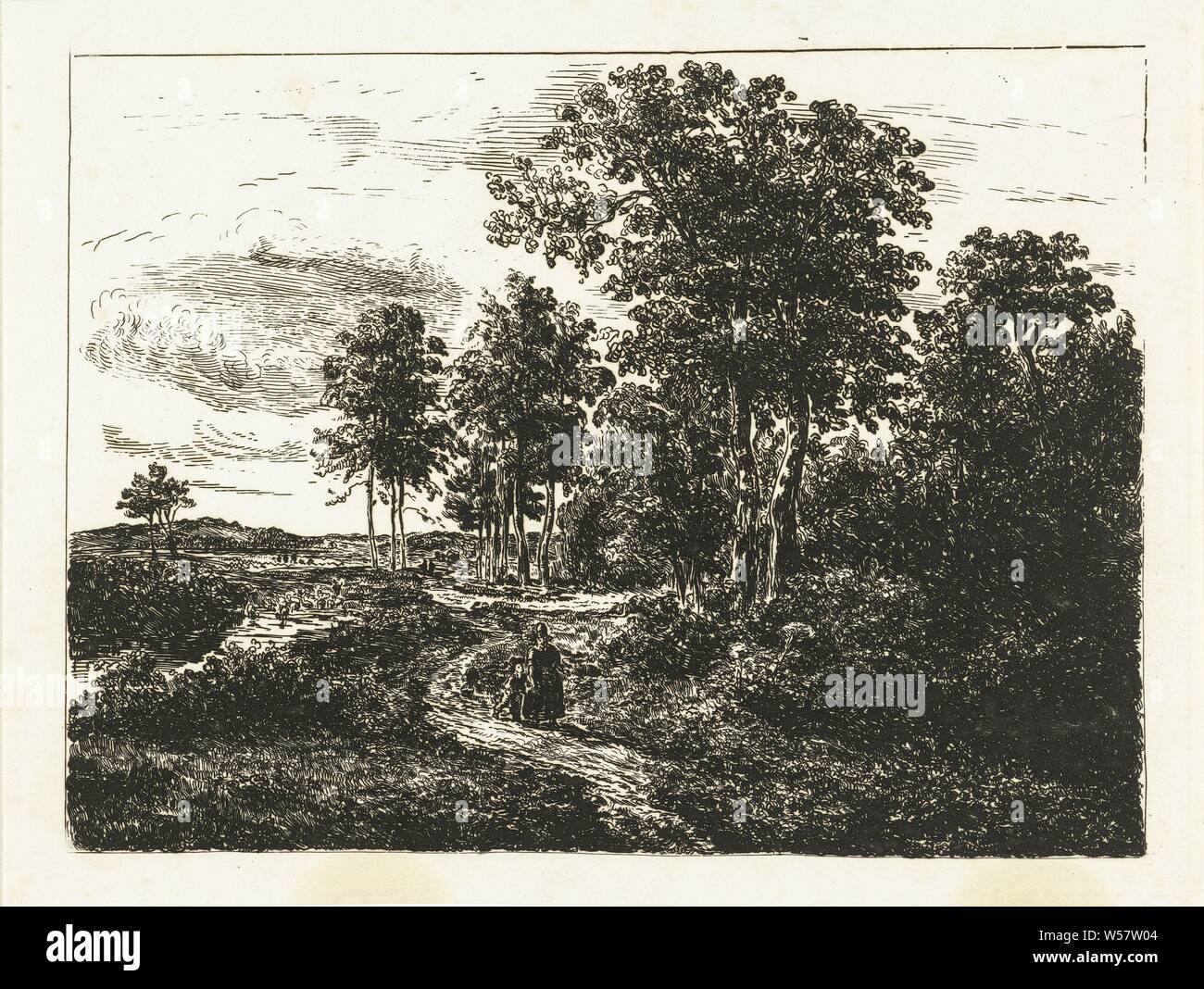 Paesaggio forestale con la donna e bambino sulla strada, foresta, legno (Paesaggio con figure, staffage), Johannes Adrianus van der Drift, Olanda, 1847 - 1857, carta, attacco, h 158 mm × W 210 mm Foto Stock