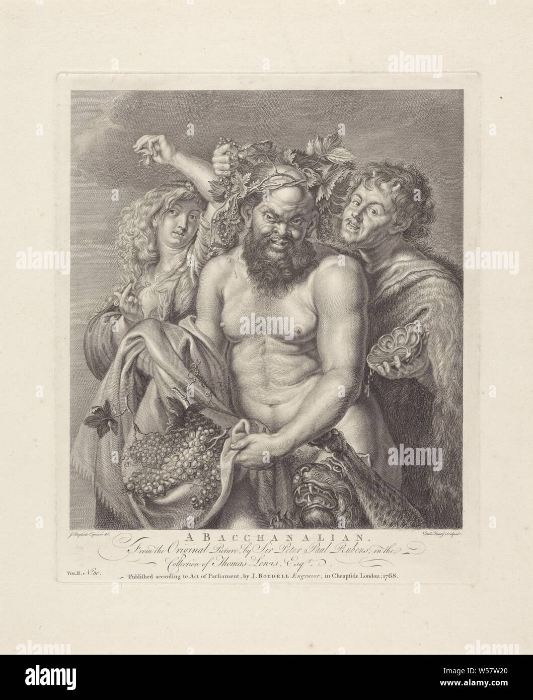 Bacco) un baccanali (titolo in oggetto), il Bacco dio del vino, un Bacchante, un Satiro e una pantera. Numerate in basso a sinistra: Vo. II. No. 30, maenad (s), femmina bacchant (es), (storia di) Bacco (Dionisio), Liber, ninfe (in generale), " Ninfe in commune" (RIPA), Carlo Faucci (menzionato in oggetto), 1768, carta, incisione h 397 mm × W 328 mm Foto Stock