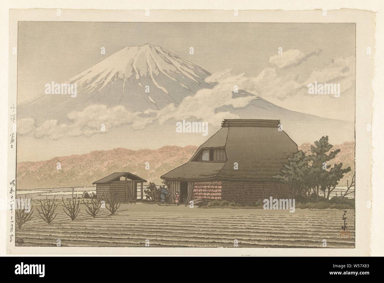 Fuji dal villaggio di Narusawa Narusawa no Fuji (titolo in oggetto), casa in legno sul bordo di un campo, il Monte Fuji in background., Kawase Hasui (menzionato in oggetto), Nov-1936, carta, colore xilografia, h 262 mm × W 387 mm Foto Stock