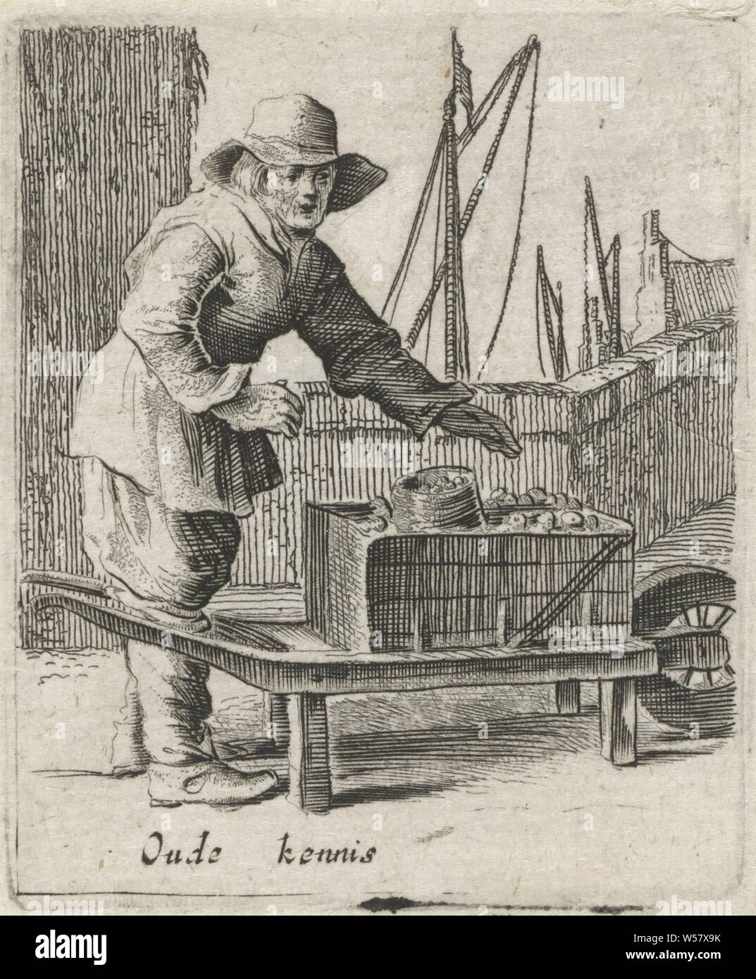 Uomo con una carriola vecchia conoscenza (titolo in oggetto) scene di genere (titolo serie), un uomo con una carriola con le cose è in piedi vicino a un cantiere. Un paio di nave a montanti in background. La stampa è parte di una serie di 32 stampe con scene di genere., Pier, quay, wharf, carriola, Gillis van Scheyndel (MI), 1638, carta, incisione h 54 mm × W 44 mm Foto Stock