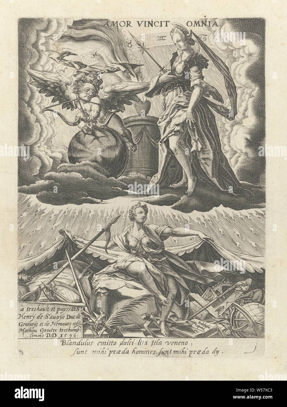 Trionfo dell amore Amor vincit omnia (titolo in oggetto) Sei Trionfi di Petrarca (titolo serie), con didascalia latina, "Trionfi d'Amore", "Triumphus Cupidinis', 'Carro d'amore" (RIPA), Zodiac, i dodici segni zodiacali insieme, gli attributi di Cupido, le arti liberali, 'Artes Liberales', Matthäus Greuter (menzionato in oggetto), 1596, carta, incisione h 214 mm × W 155 mm Foto Stock