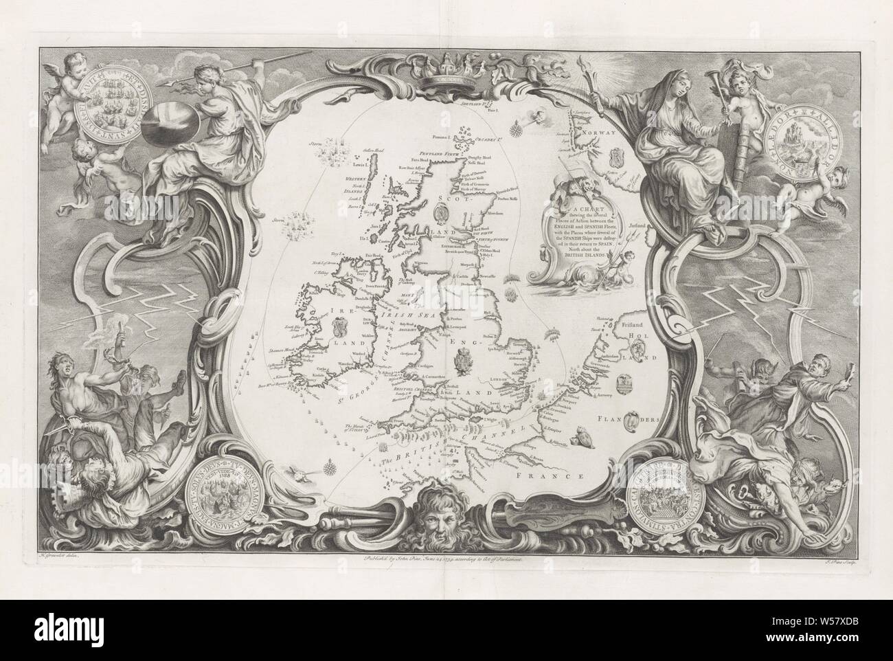 Mappa della Gran Bretagna un grafico annunziando i numerosi luoghi di azione tra l'inglese e spagnolo flotte, con i luoghi dove serval delle navi spagnole sono state distrutte nel loro ritorno in Spagna. Nord circa le isole britanniche (titolo in oggetto), la mappa della Gran Bretagna con l'Irlanda sulla sinistra e le coste della Norvegia, la Francia ed i Paesi Bassi sulla destra. Sulla destra di un titolo di protezione con un leone con un banner e un putto con un tridente. Vari stemmi sono state poste sulla mappa, comprese quelle della regina inglese Elisabetta I e i bracci di Olanda e Zeeland. Il percorso indicato Foto Stock