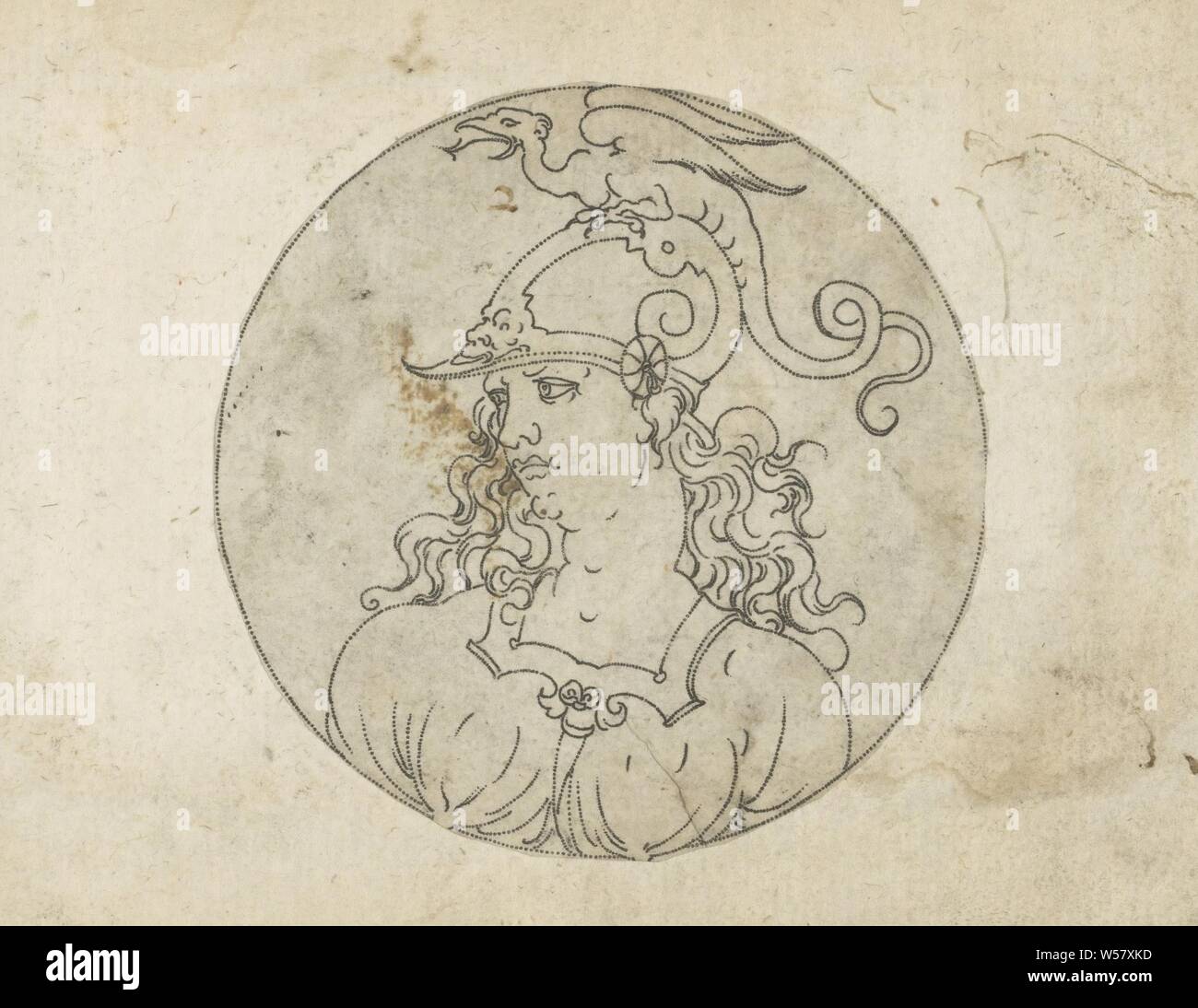 Medaglione con Minerva, medaglione con un'immagine di una donna sfruttata con un drago sul suo casco, eventualmente destinati come la dea Minerva. La stampa è parte di un album, (storia di) Minerva (Pallas, Athena), anonimo, 1551 - 1650, carta, attacco, h 71 mm × W 71 mm Foto Stock