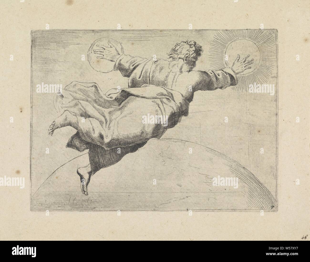 Dio crea il sole e la luna, scene bibliche (titolo serie), Historia del Testamento Vecchio / Dipinta a Roma nel Vaticano da Raffaelle di Urbin (...) (titolo serie), Giovanni Lanfranco, Italia, 1607, carta, attacco, h 131 mm × W 179 mm Foto Stock