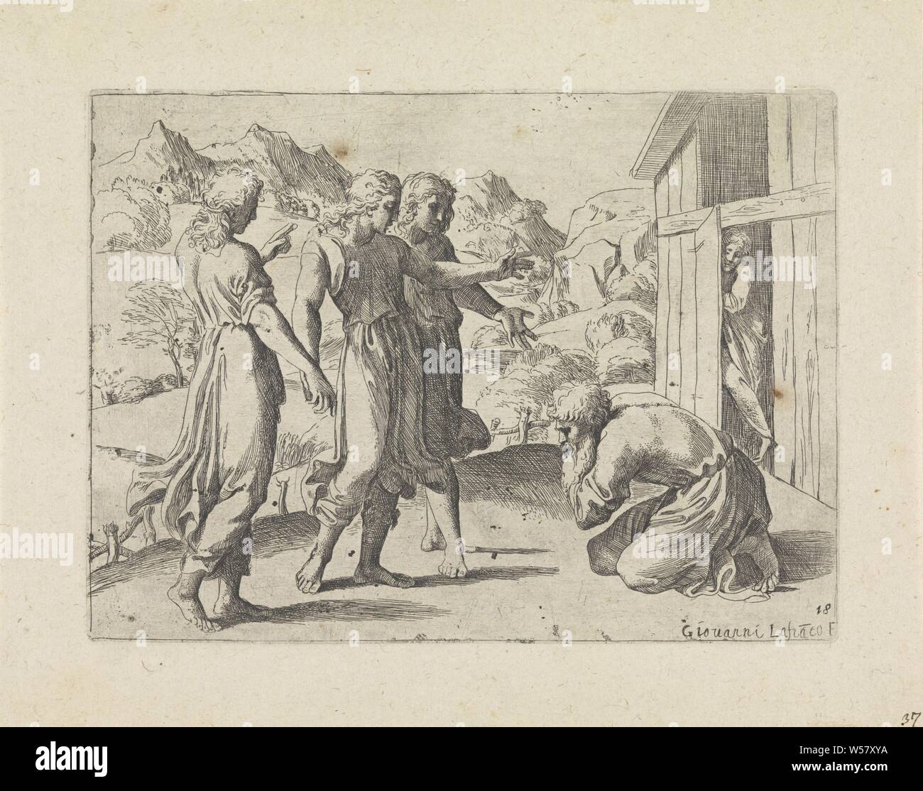 Abramo accoglie favorevolmente i tre angeli scene bibliche (titolo serie), Historia del Testamento Vecchio / Dipinta a Roma nel Vaticano da Raffaelle di Urbin (...) (titolo serie), Giovanni Lanfranco (menzionato in oggetto), Italia, 1607, carta, attacco, h 131 mm × W 179 mm Foto Stock