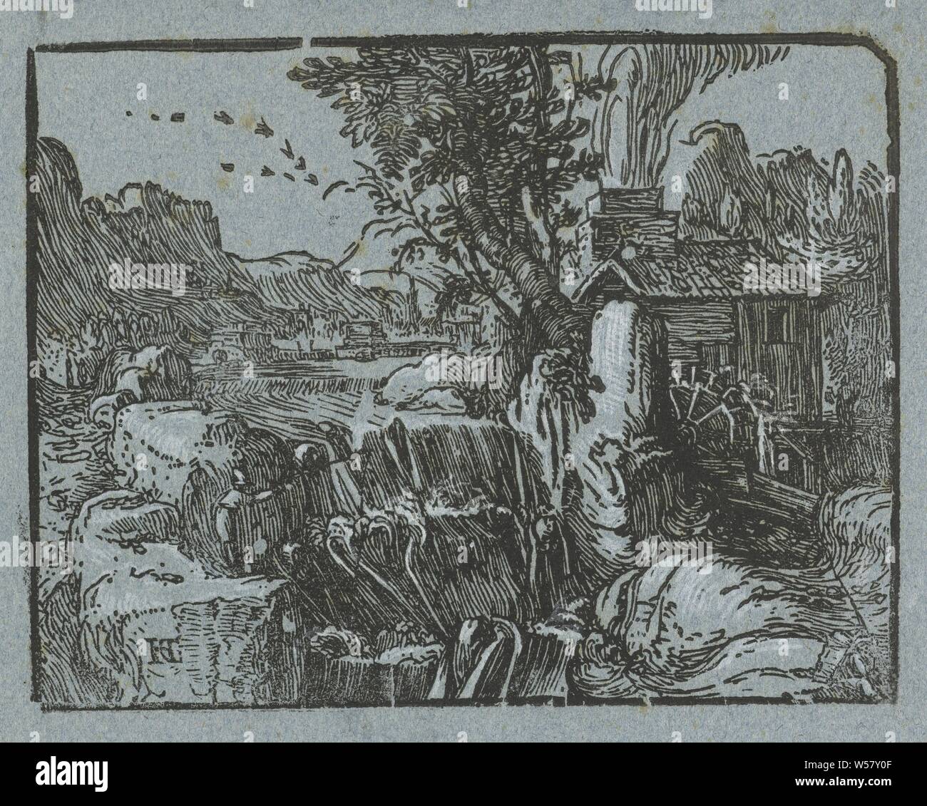 Paesaggio con cascata quattro piccoli paesaggi (titolo serie), paesaggio fluviale, a destra accanto a una cascata, una casa e un'acqua mulino. Questa stampa è parte di una serie di quattro piccole xilografie con paesaggi., Cascata, Hendrick Goltzius (menzionato in oggetto), Haarlem, 1597 - 1600, carta, deck vernice, h 112 mm × W 146 mm Foto Stock