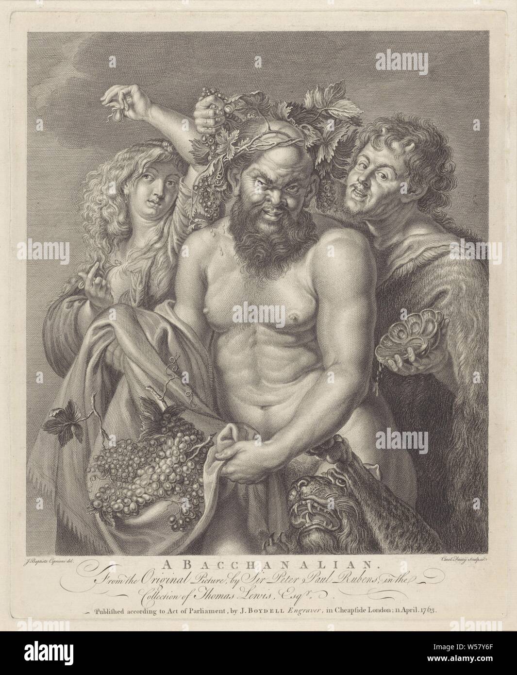 Bacco) un baccanali (titolo in oggetto), il dio del vino, Bacco un Bacchante, un Satiro e una pantera, maenad (s), femmina bacchant (es ), (storia di) Bacco (Dionisio), Liber, ninfe (in generale), " Ninfe in commune" (RIPA), Carlo Faucci (menzionato in oggetto), 1763, carta, incisione h 400 mm × W 327 mm Foto Stock
