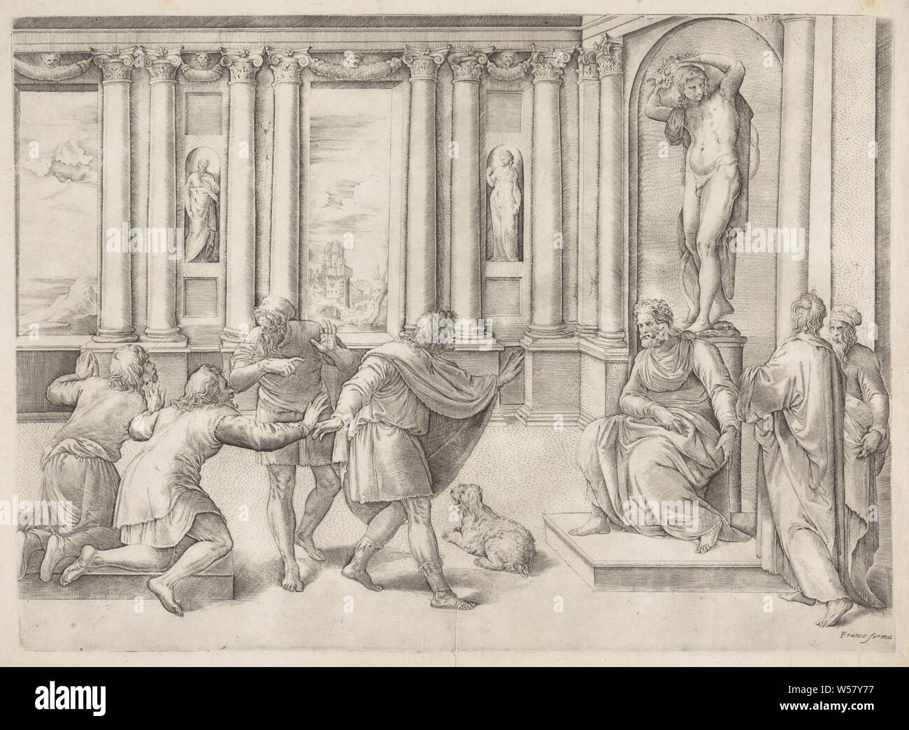 Gli uomini sul pubblico, vista in una sala del palazzo con un uomo seduto di fronte a una statua del dio del vino Bacco. Per l'uomo un gruppo di quattro uomini sul pubblico e un cane., Audition, righello dava udienza, Battista Franco (menzionato in oggetto), Italia, 1520 - 1561, carta, incisione h 356 mm × W 491 mm Foto Stock