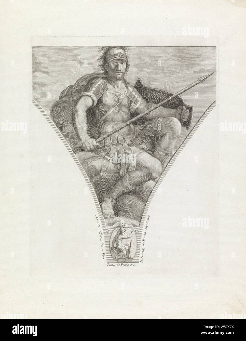 Mars dipinti da Francesco Albani (titolo serie), il dio della guerra Marte con scudo e lancia. Decorazione di un pendentief., (storia di) Mars (ARES), Giovanni Girolamo Frezza (menzionato in oggetto), 1704, carta, incisione h 360 mm × W 282 mm Foto Stock