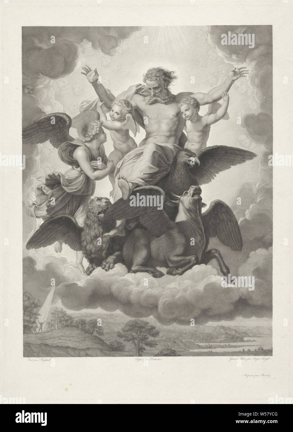 La visione di Ezechiele, Ezechiele, al di sotto del paesaggio, ha una visione di Dio Padre galleggianti in aria con i simboli dei quattro evangelisti e due putti, la visione di Ezechiele di Dio siede sul suo trono portato da quattro tetramorphs, ciascuna di esse avente quattro ali, ruote all'interno di ruote accanto a loro, Giuseppe Longhi (menzionato in oggetto), Milaan, 1776 - 1831, carta, incisione h 470 mm × W 341 mm Foto Stock