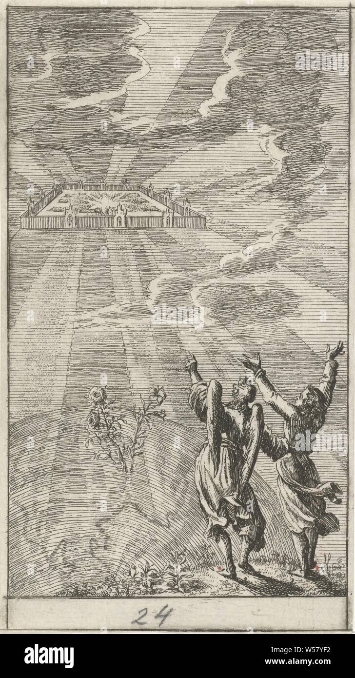 Angelo Giovanni mostra la nuova Gerusalemme ventiquattro scene del Nuovo Testamento (titolo serie), un angelo mostra Giovanni (nuovo) celeste Gerusalemme che scende dal cielo a volte Cristo è mostrato che conduce i suoi agnelli per la città, anonimo, 1681 - 1762, carta, attacco, h 121 mm × W 68 mm Foto Stock