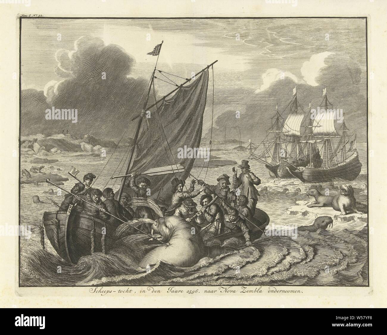 Il viaggio a Nova Zembla nel 1596 Nave viaggio, nell'anno 1596. impegnata a Nova Zembla (titolo in oggetto), il viaggio a Nova Zembla nel 1596. L'equipaggio della nave in uno sloop in combattimento con un tricheco, sullo sfondo le due navi, esplorazione, spedizione, viaggio di scoperta, nuoto mammiferi (con il nome), Willem Barendsz, Jacob van Heemskerck, Jan Luyken, Paesi Bassi del Nord, 1679 - 1681 e/o 1730, la carta, incisione h 272 mm × W 343 mm Foto Stock