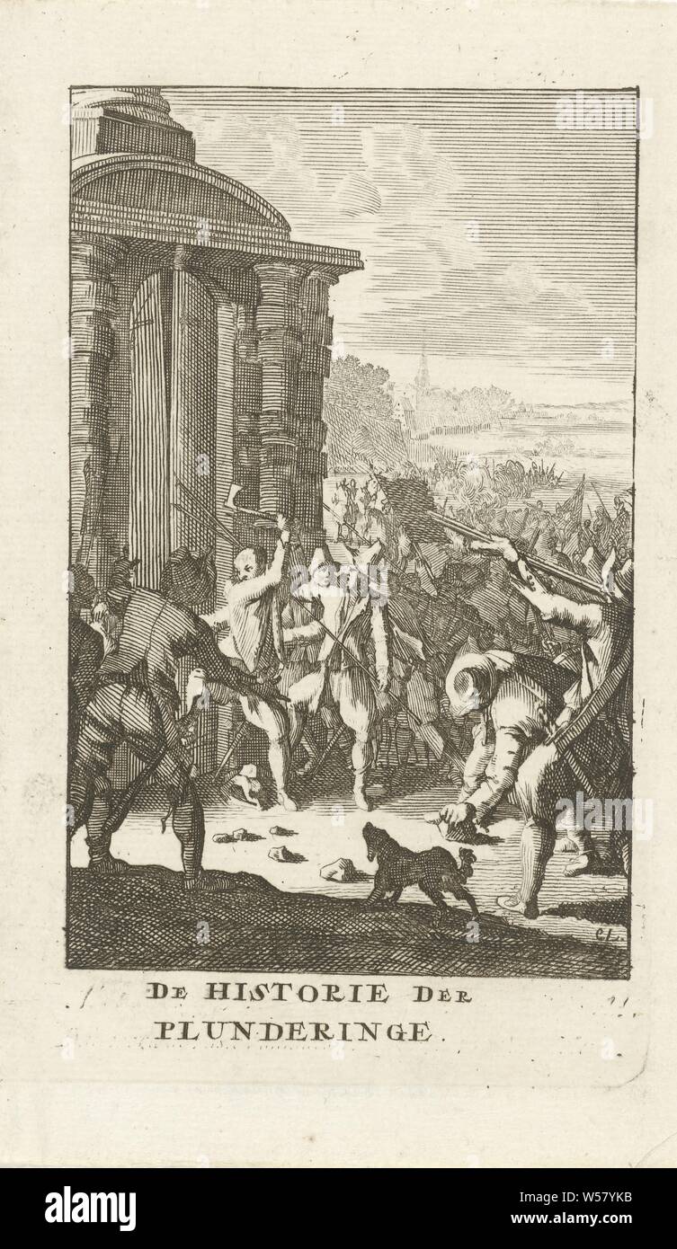 Storming il Noordpoort a Middelburg per gli agricoltori ribelle, 1672 La storia di Plunderinge (titolo in oggetto), City Gate, combattimenti di strada, sommosse, Middelburg, Philip van den Brande, Caspar Luyken (menzionato in oggetto), 1692 e/o 1748, la carta, attacco, h 164 mm × W 98 mm Foto Stock