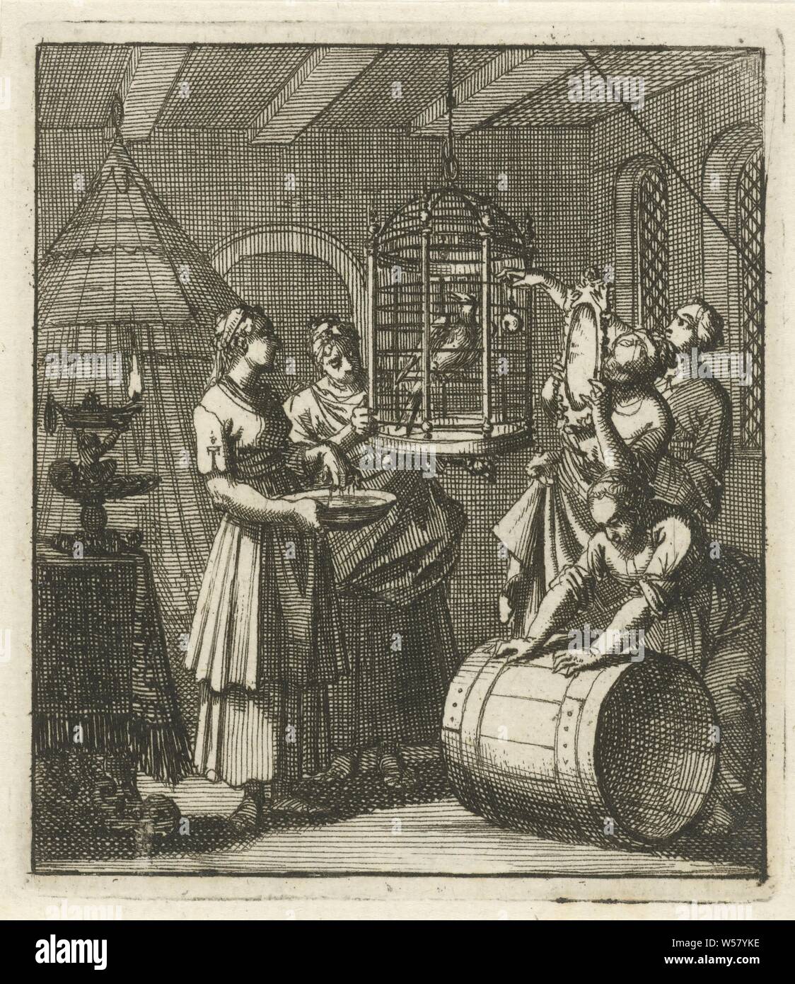 Cinque ancelle guardare una gazza in una gabbia, casa personale, servi, uccello in una gabbia, Jan Luyken, Amsterdam, 1693, carta, attacco, h 87 mm × W 76 mm Foto Stock