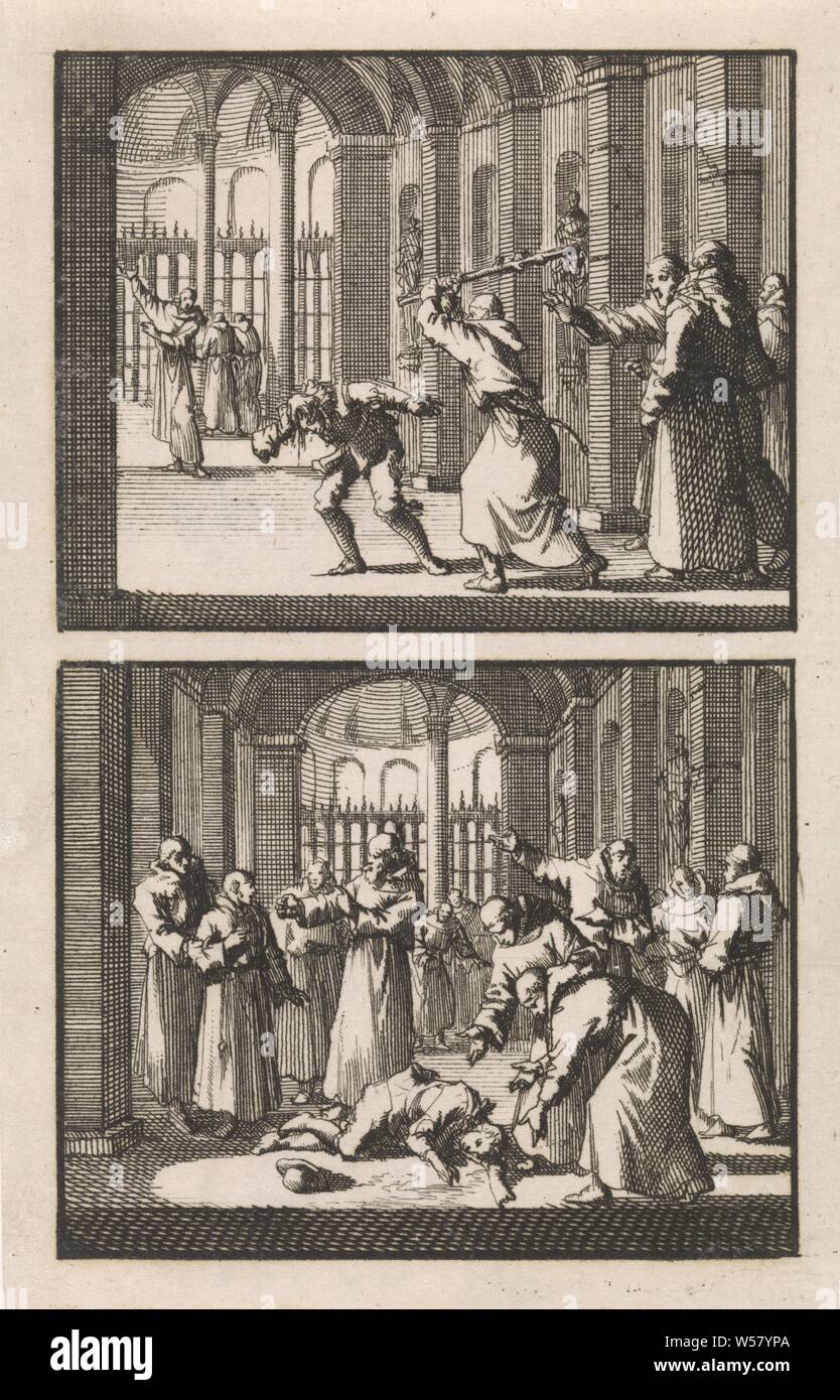 Fratello Felix colpisce uno studente / monaci trovare lo studente inconscio, due rappresentazioni di un record, monaco (s), frate (s), punizioni corporali a scuola: castigating, battendo, etc, incoscienza, Jan Luyken, Amsterdam, 1697, carta, attacco, h 145 mm × W 92 mm Foto Stock