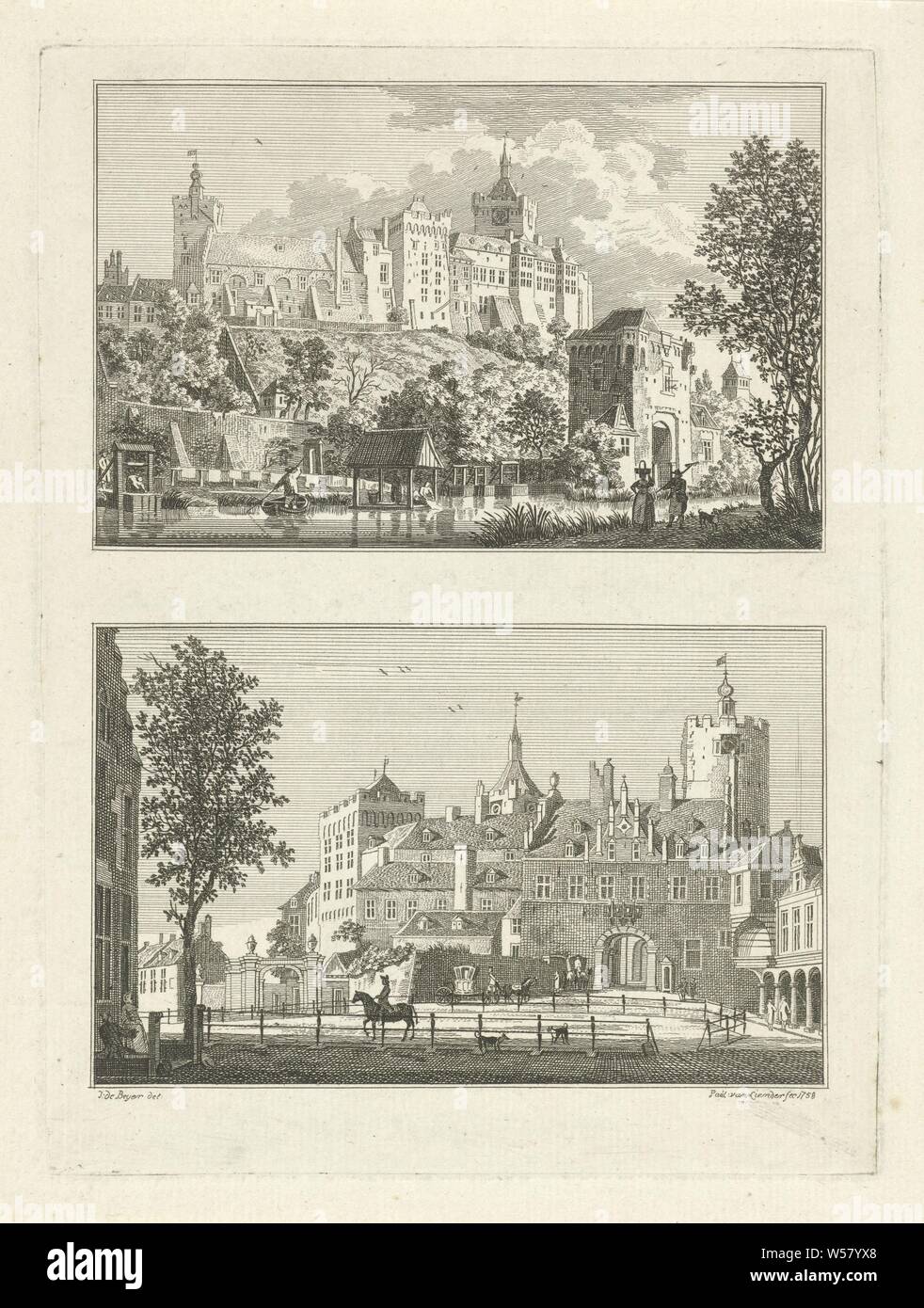 Schwanenburg a Kleve Village e townscapes in Kleve (titolo serie), due rappresentazioni di un album. Due viste di Schwanenburg a Kleve, visto dal Kermisdahl (sopra) e dalla città (sotto). La stampa è parte di un 100-parte della serie con vedute della città e villaggi in Kleve, Paesaggio con torre o castello, Zwanenburcht, Paulus van Liender (menzionato in oggetto), 1758, carta, attacco, h 203 mm × W 152 mm Foto Stock
