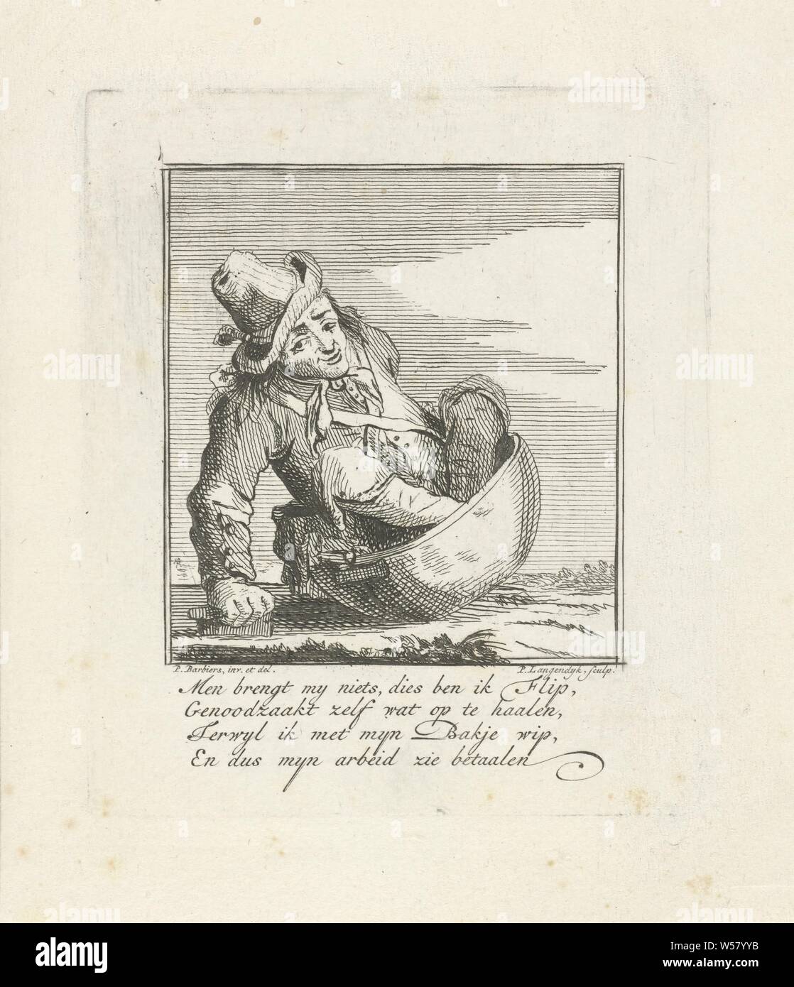 Uomo seduto in una ciotola di Amsterdam street cifre intorno 1770 (titolo serie), un uomo storpio si sposta in una ciotola rotonda. A margine di un quattro-linea versetto in olandese. Parte di una serie di stampe di Amsterdam street cifre intorno 1770., storpi, Pieter Langendijk (II) (menzionato in oggetto), c. 1770, carta, incisione h 136 mm × W 117 mm Foto Stock