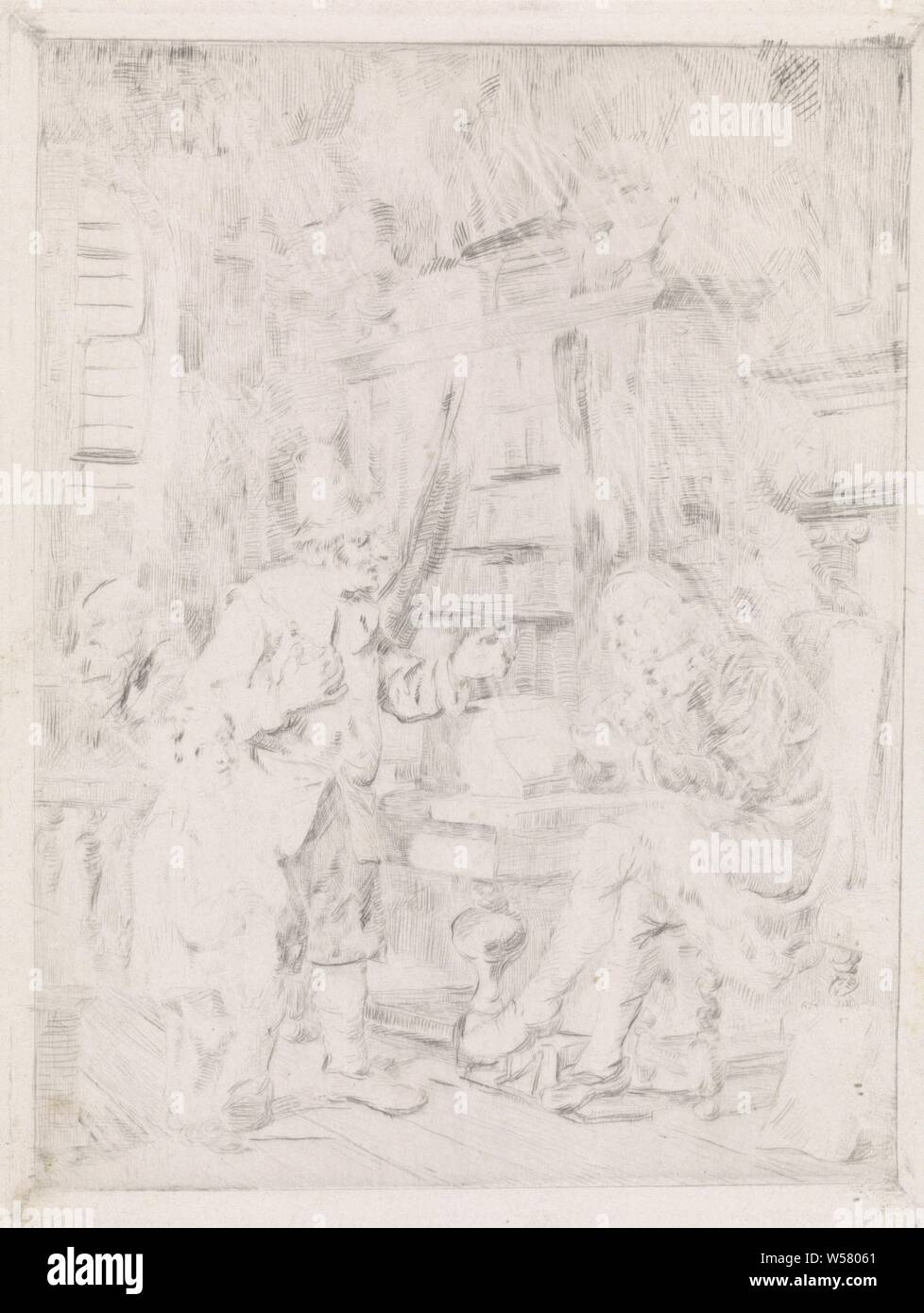 All'avvocato, in una stanza di un riccamente vestito avvocato davanti al caminetto presso un leggio, di fronte al quale un uomo gesticolando con hat stand. Vi è un ragazzo in piedi accanto all'uomo guardando nella direzione dello spettatore e portante un prosciutto e salsiccia. L'uomo può chiedere l'avvocato per consulenza, che rende chiaro all'uomo con un gesto a mano che i consigli che costa denaro. In fondo è una libreria con due busti su di esso e dietro un recinto la silhouette di una figura a una scrivania è visibile., avvocato, Attorney at Law, salsicce, prosciutto, David van der Kellen (1827-1895), 1837 - 1882, carta, attacco, h 156 mm Foto Stock