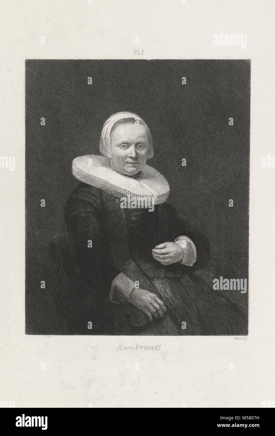 Ritratto di una donna seduta Dutch Masters (titolo serie), il Ritratto di una donna con collare di macina, seduto in una sedia, a destra. La stampa è parte di una serie di 25 stampe basato sul Dutch Masters. Al di sopra dell'immagine: PL I., donna adulta, Johann Wilhelm Kaiser (MI) (menzionato in oggetto), 1823 - 1900, carta, attacco, h 256 mm × W 169 mm Foto Stock