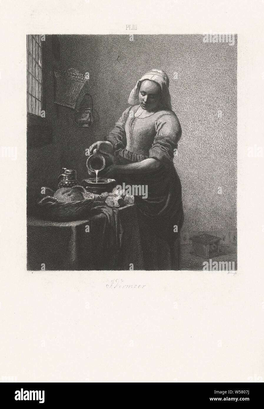 La milkmaid Dutch Masters (titolo serie), un milkmaid versa il latte in una ciotola. Una finestra alla sua destra. La stampa è parte di una serie di 25 stampe basato sul Dutch Masters. Al di sopra dell'immagine: PL III., Milkmaid, Johann Wilhelm Kaiser (MI) (menzionato in oggetto), 1823 - 1900, carta, attacco, h 256 mm × W 176 mm Foto Stock