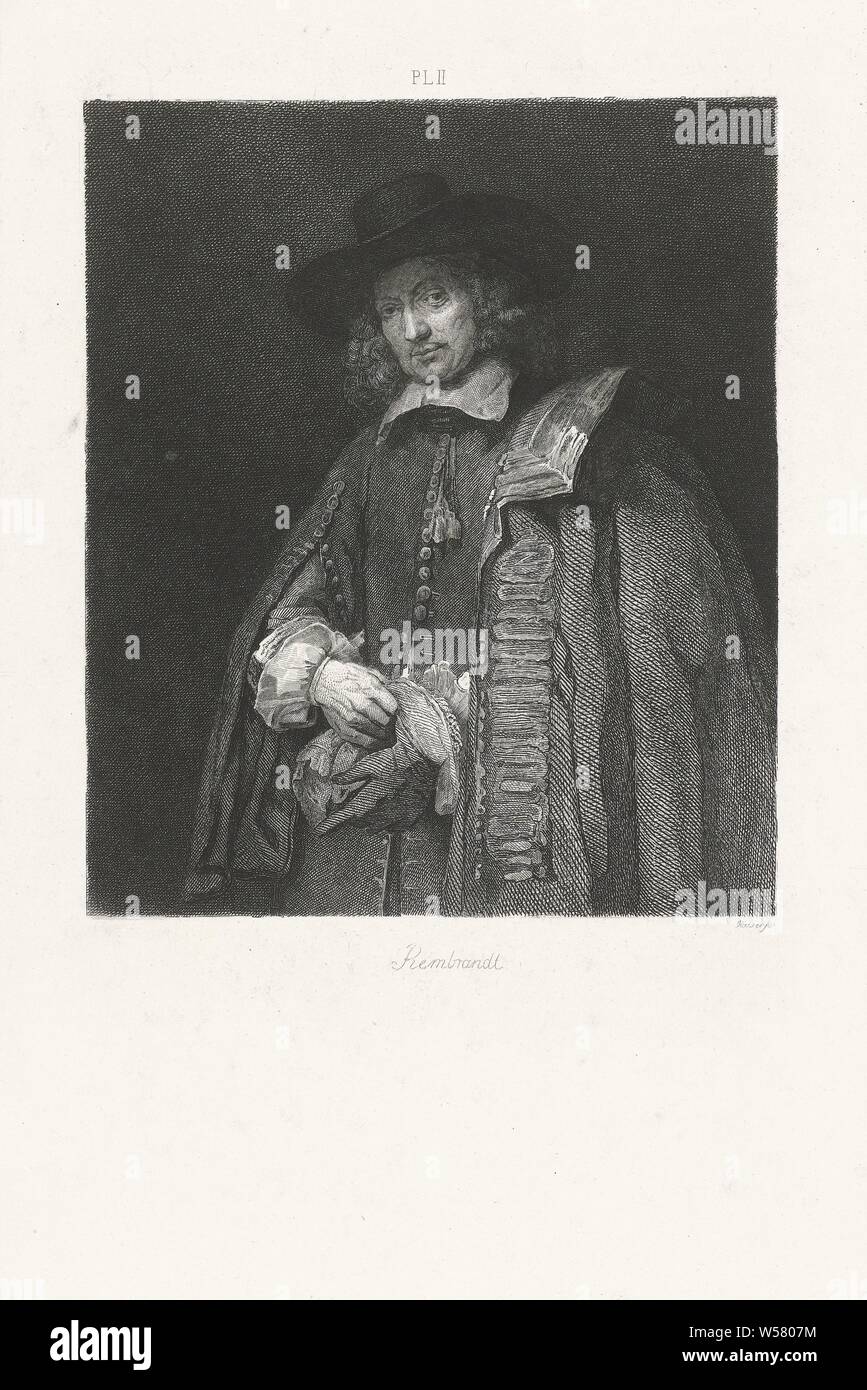 Ritratto di Jan sei Dutch Masters (titolo serie), il Ritratto di Jan Six, sindaco di Amsterdam, con il cappello e guanto equestre. La stampa è parte di una serie di 25 stampe basato sul Dutch Masters. Al di sopra dell'immagine: PL II., Jan sei (1618-1700), Johann Wilhelm Kaiser (MI) (menzionato in oggetto), 1823 - 1900, carta, attacco, h 256 mm × W 172 mm Foto Stock