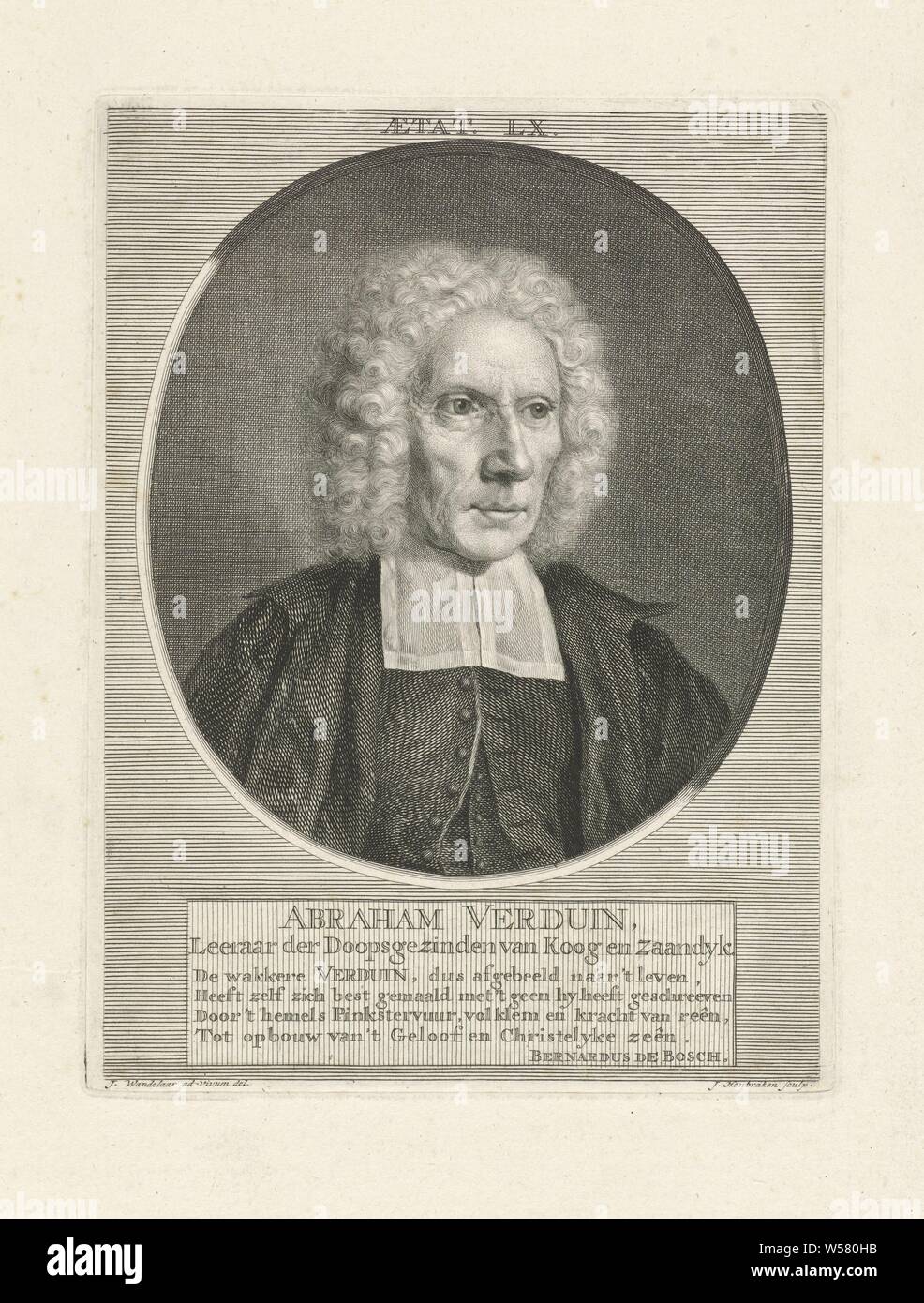 Ritratto di Abramo Abramo Verduin Verduin (titolo in oggetto), buste per il diritto di Abramo Verduin all'età di 60 anni in un ovale. Al di sotto del ritratto sono Nome e informazioni in due linee in Olandese e al di sotto di quella di un quattro-linea versetto in olandese., Verduin Abramo, Giacobbe Houbraken (menzionato in oggetto), Amsterdam, 1747 - 1780, carta, incisione h 179 mm × W 135 mm Foto Stock