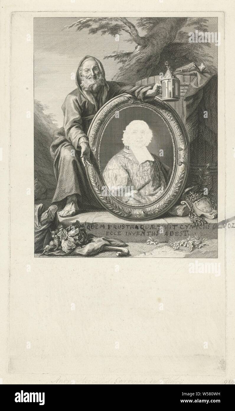 Diogene con un ritratto di André-Hercule de Fleury, un inginocchiarsi Diogene, con una lanterna in mano e sullo sfondo la sua vasca, con un ritratto incompiuto di André-Hercule de Fleury in un ovale medaglione ornamentale. Sulla sinistra della verdura in primo piano e sullo sfondo di un albero. Centro di note scritte a mano due linee in latino (storia di) Diogene il filosofo, André-Hercule de Fleury, Jacob Houbraken, Amsterdam, 1708 - 1780, carta, spazzola h 311 mm × W 185 mm Foto Stock