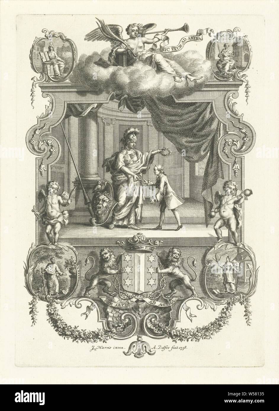Rappresentazione allegorica con Minerva e il ragazzo nel cartiglio con virtù, rappresentazione allegorica con Minerva e ragazzo, la dea offre il bambino una moneta di una corona di alloro nel cielo. Nel cartiglio coronato con Faam, piccole cartouches di virtù sui quattro angoli. Sotto uno stemma, detenute da due leoni, con il motto Per aspera ad Astra., (storia di) Minerva (Pallas, Athena), le quattro virtù cardinali, Abramo Delfos (menzionato in oggetto), Leiden, 1758, carta, incisione h 238 mm × W 168 mm Foto Stock
