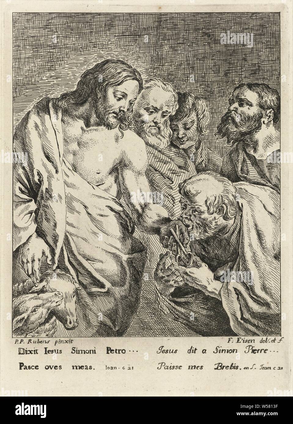 Cristo dà le chiavi a Pietro Cristo dà le chiavi a Pietro. Sullo sfondo di tre altri discepoli. Al di sotto della mostra due righe di latino., Cristo dà le chiavi del cielo a Pietro, François Eisen (menzionato in oggetto), 1705 - 1778, carta, attacco, h 267 mm × W 197 mm Foto Stock