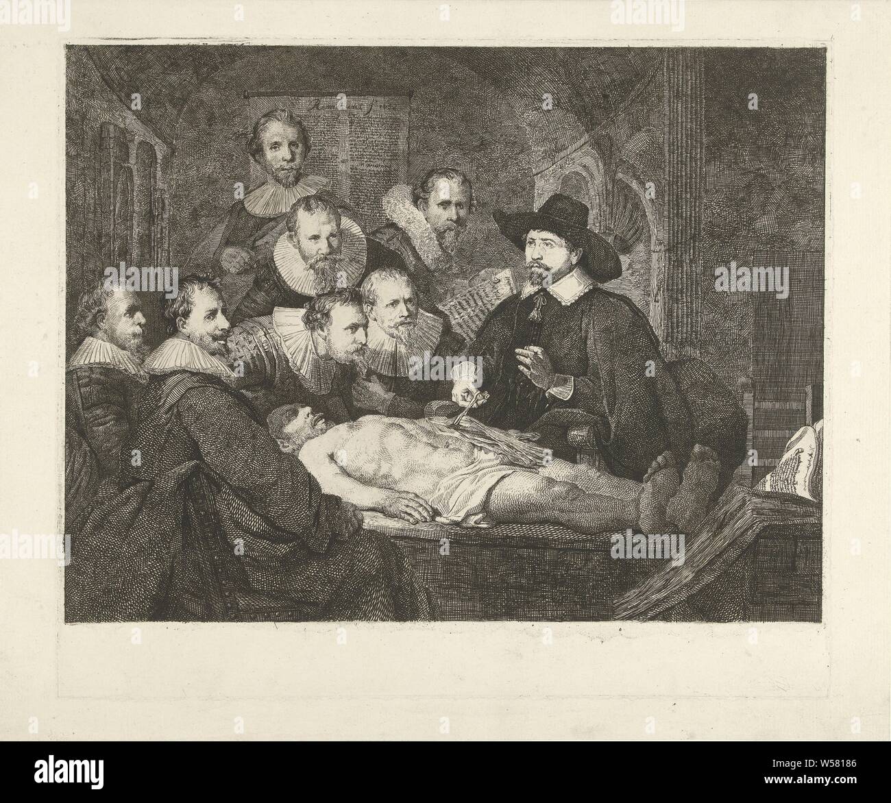 La lezione anatomica di Nicolaes Tulp, Gruppo ritratto dei chirurghi di Amsterdam durante una lezione anatomica. Gli uomini sedersi e stare intorno ad un tavolo sul quale un cadavere giace. Medico Nicolaes Tulp insegna. Egli ha aperto il braccio del cadavere e può contenere fino a un fascio di muscoli del braccio con un paio di pinze, mentre egli fa una dimostrazione di gesto con il suo altro lato. Accanto a Nicolaes Tulp sono i chirurghi Giacobbe Blok Hartman Hartmansz, Adraen Slabran, Jacob de Witt, Mathijs Kalkoen, Jacob Koolvelt e Frans van Loenen, storico persona (TULP, NICOLAES), Anatomia lezione, Nicolaes Tulp, Johannes Pieter de Foto Stock