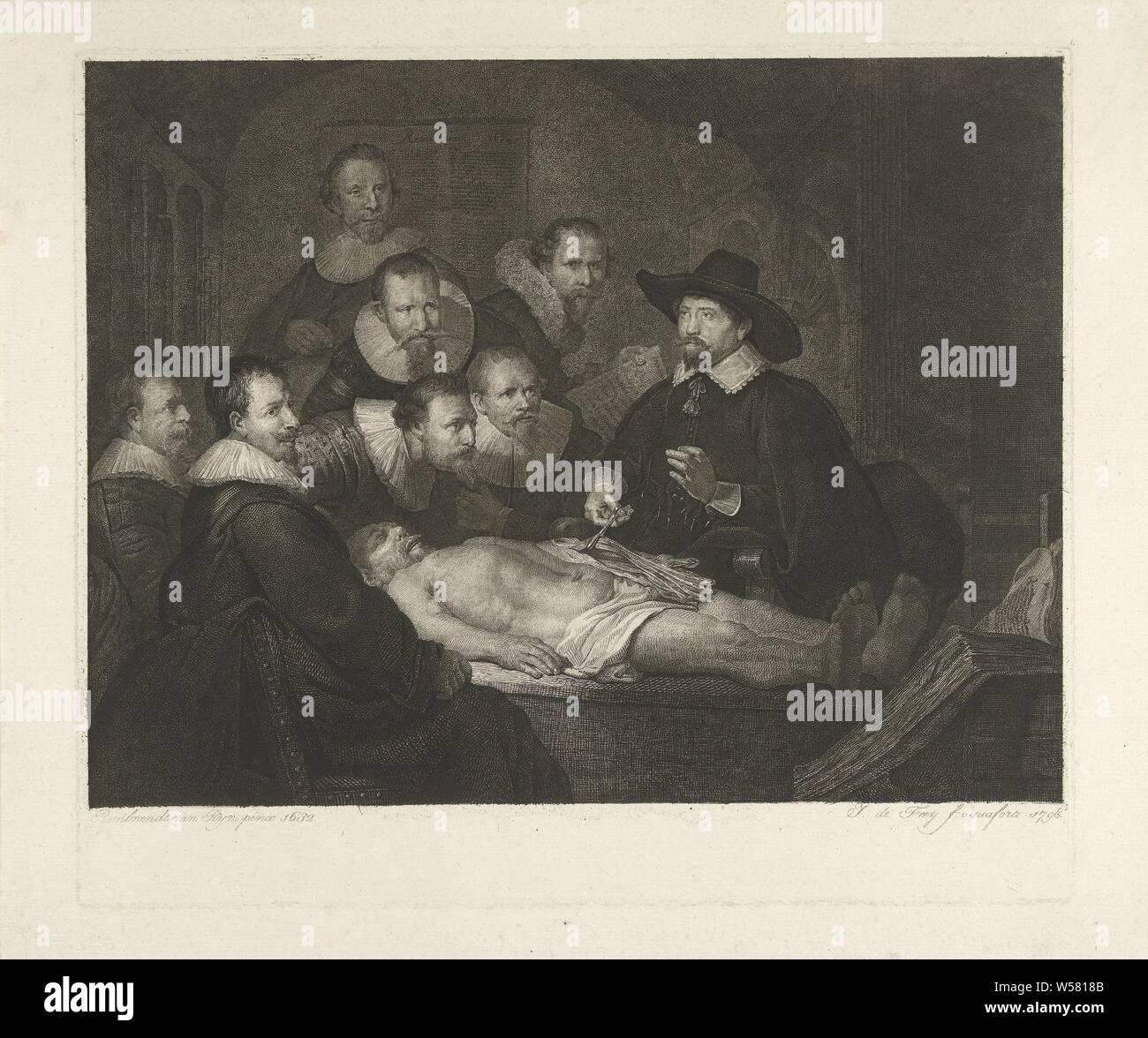 La lezione anatomica di Nicolaes Tulp, Gruppo ritratto dei chirurghi di Amsterdam durante una lezione anatomica. Gli uomini sedersi e stare intorno ad un tavolo sul quale un cadavere giace. Medico Nicolaes Tulp insegna. Egli ha aperto il braccio del cadavere e può contenere fino a un fascio di muscoli del braccio con un paio di pinze, mentre egli fa una dimostrazione di gesto con il suo altro lato. Oltre a Nicolaes Tulp, chirurghi Giacobbe Blok Hartman Hartmansz., Adraen Slabran, Jacob de Witt, Mathijs Kalkoen, Jacob Koolvelt e Frans van Loenen sono anche mostrati., storico persona (TULP, NICOLAES), Anatomia lezione, Nicolaes Tulp, Johannes Foto Stock