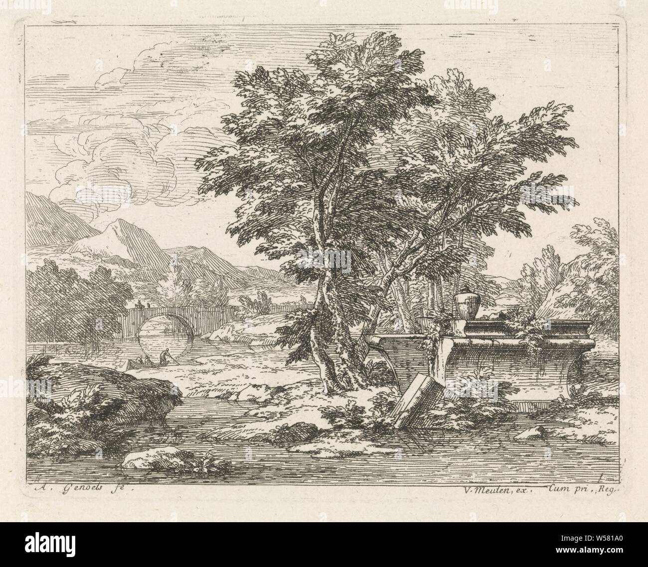 Paesaggio con una classica rovina i paesaggi (titolo serie), il paesaggio con la rovina di una classica tomba in primo piano. Sullo sfondo di un fiume e di un ponte. La stampa è parte di una serie di sei paesaggi., Fiume, grave, tomba, paesaggio con ponte, viadotto o acquedotto, paesaggio con ruderi, Abraham Genoels (menzionato in oggetto), Paris, 1650 - 1690, carta, attacco, h 132 mm × W 167 mm Foto Stock