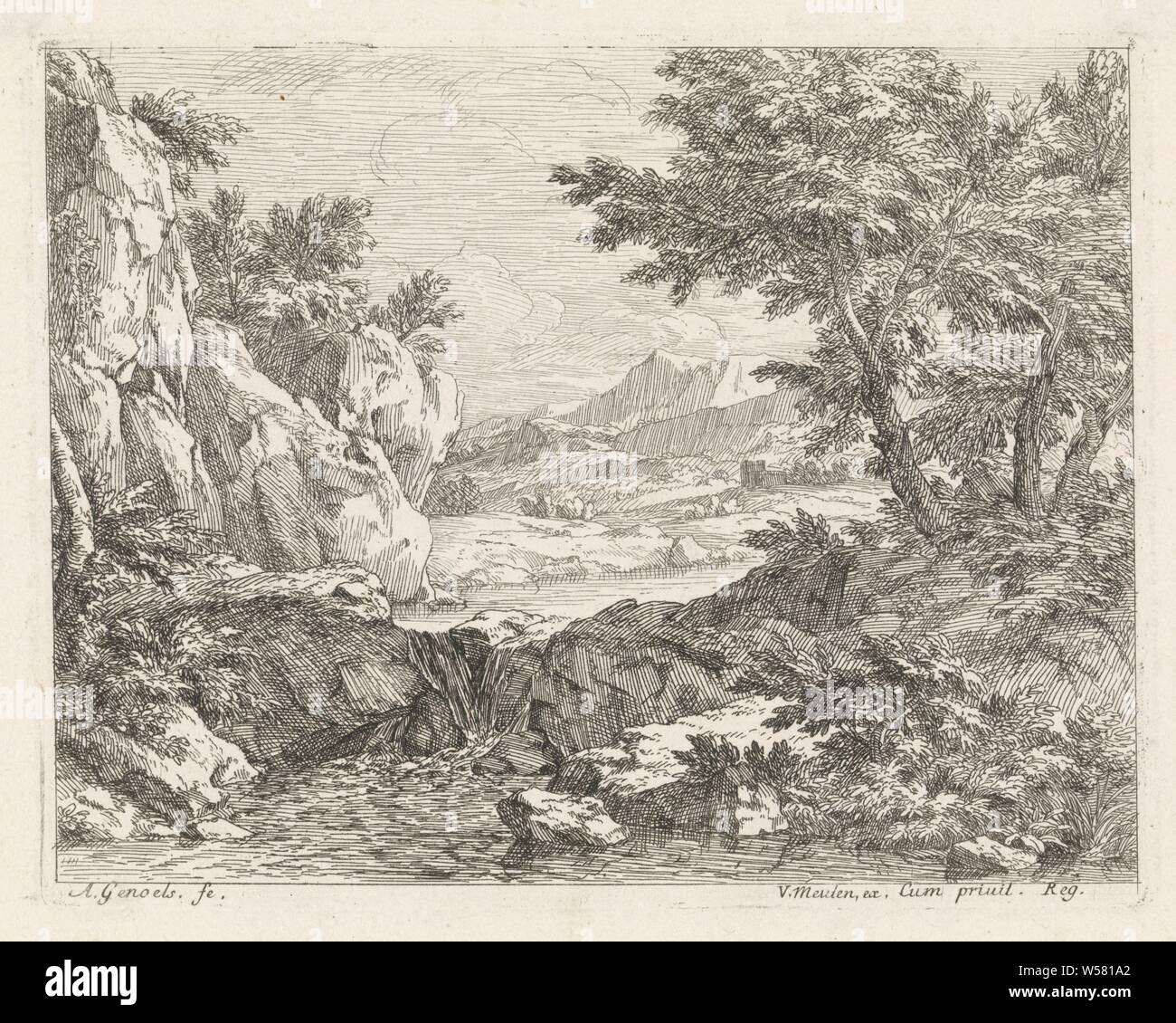 Terreni a riposo con paesaggi fluviali (titolo serie), un paesaggio di montagna con una cascata. La stampa è parte di una serie di sei paesaggi., Cascate, montagne, Abraham Genoels (menzionato in oggetto), Parigi (forse), 1650 - 1690, carta, attacco, h 131 mm × W 168 mm Foto Stock