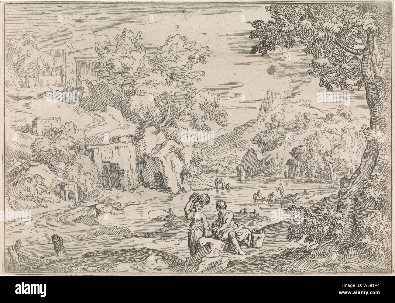 Paesaggio arcadico con la ceretta donne Arcadian paesaggi (titolo serie), un paesaggio arcadico con un lago. Alcune donne si laveranno le loro vesti il lago. Sullo sfondo di una collina con un tempio. La stampa è parte di una serie di sei paesaggi Arcadica., Pastorals, Arcadian scene, lago (Paesaggio con figure, staffage), tempio, santuario, religione romana, Abraham Genoels, Anversa (eventualmente), 1650 - 1723, carta, attacco, h 140 mm × W 202 mm Foto Stock