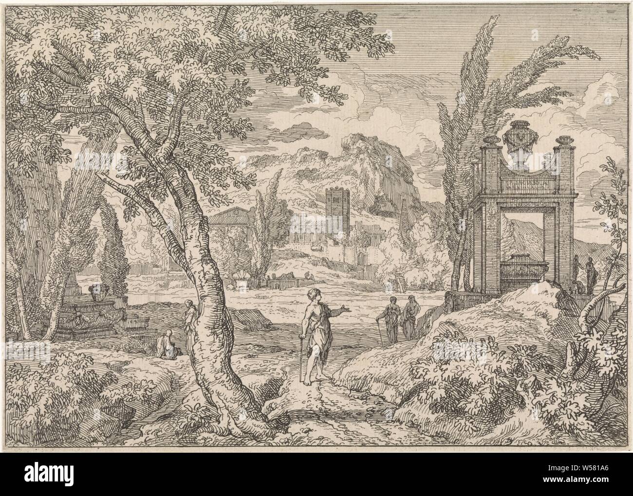 Paesaggio arcadico con mausoleo Arcadian paesaggi (titolo serie), un paesaggio arcadico con mausoleo in primo piano. Sullo sfondo delle montagne. La stampa è parte di una serie di quattro paesaggi Arcadica., montagne, pastorals, Arcadian scene, Mausoleo, Abraham Genoels, Roma (eventualmente), 1684, carta, attacco, h 163 mm × W 229 mm Foto Stock