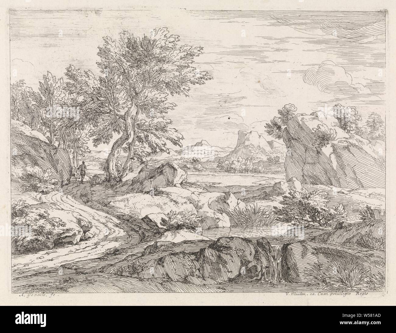 Paesaggio con fiume rocce paesaggi (titolo serie), un paesaggio con rocce e una strada. Accanto alla strada una piccola corrente e una cascata. La stampa è parte di una serie di paesaggi fluviali., Cascata, Brook, rock-formazioni, Abraham Genoels (menzionato in oggetto), Paris, 1650 - 1690, carta, attacco, h 213 mm × W 278 mm Foto Stock