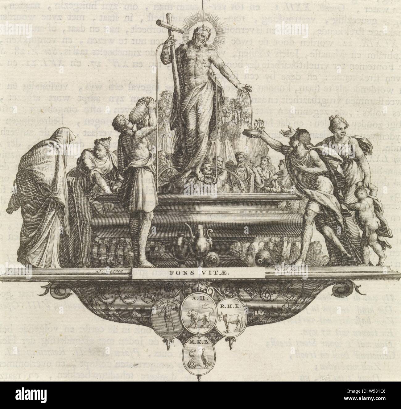 Emblema: Fontana Fontana di Cristo, Cristo su una fontana. Il suo sangue scorre nella fontana. Egli è la fonte della vita (Fons vitae) dove l'uomo arriva alla festa., Fons Vitae, "Fons Pietatis ' Cristo in piedi su o in prossimità di una fontana, versando il suo sangue, Jan Goeree (menzionato in oggetto), 1722, carta, incisione w 140 mm × h 146 mm Foto Stock