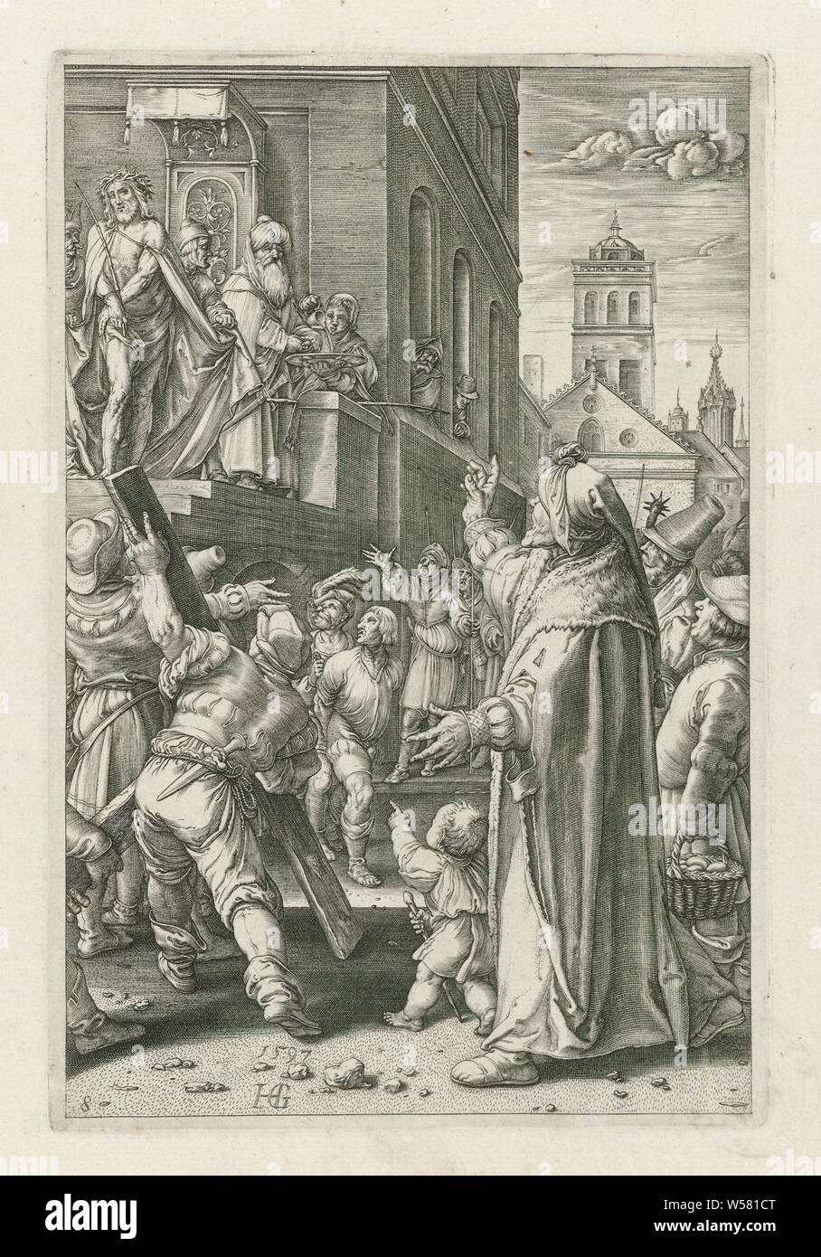 Cristo mostrato al popolo (Ecce Homo) La Passione (titolo serie), Cristo è mostrato al popolo su un podio da Pilato. Pilato ha chiesto al popolo se egli intende rilasciare Cristo o Barabba. Il popolo chiede Barabba per essere rilasciato, cosa succede in medio e per Cristo per essere crocifisso. Pilato si lava le mani nell'innocenza, Pilato mostra Cristo al popolo, 'Ostentatio Christi", "Ecce Homo" (Giovanni 19: 4-6), Pilato lavarsi le mani (nell'innocenza), anonimo, Olanda, 1597 e/o 1597 - 1667, carta, incisione h 200 mm × W 134 mm Foto Stock