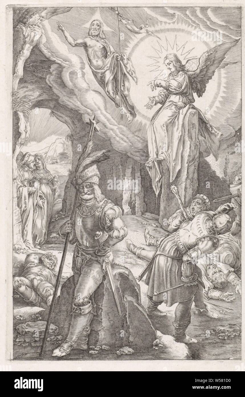 La risurrezione di Cristo la passione (titolo serie), Cristo è flottante all'ingresso della sua tomba con un banner di vittoria nella sua mano. Le tre Marie sono in piedi all'ingresso della tomba e vedere un angelo seduto sulla spinta lontana Pietra. Alcuni soldati sono spaventati e pochi sono dormire sul pavimento. Cristo, di solito tenendo un banner, deriva dalla tomba, spesso combinati con dormire e / o spaventati soldati, Cristo galleggiante sopra o vicino alla tomba, angel (s) affrontare le sante donne, la risurrezione di Cristo, anonimo, Paesi Bassi (eventualmente), 1596 - 1667, carta, incisione h 200 Foto Stock