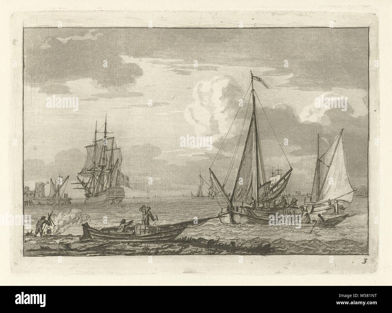 Fornitura di una nave diverse navi (titolo serie), il provisioning di una nave e diverse navi sull'acqua. A sinistra della banca è una figura che ha una pentola appesa sopra un incendio. Questa stampa è parte di una serie di sei stampe con diverse navi navi (in generale) - CC - più di una nave, Gerrit Groenewegen, Rotterdam, 1791, carta, attacco, h 133 mm × W 192 mm Foto Stock