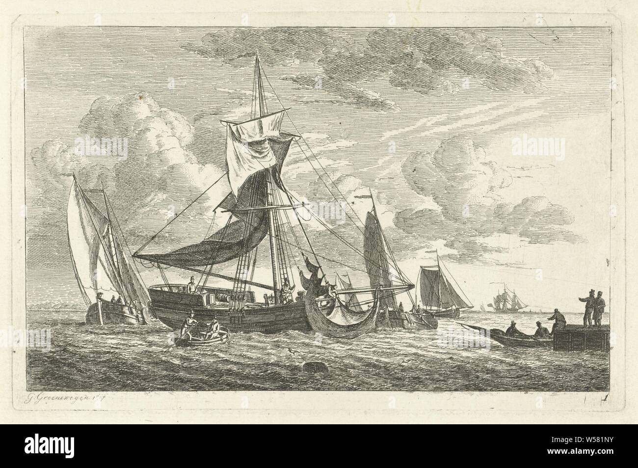 I pescherecci in un pontile varie navi in acqua (titolo serie), un certo numero di navi da pesca a un molo con due figure su di esso. Questa stampa è parte di una serie di sei stampe con varie navi navi (in generale) - CC - più di una nave, Gerrit Groenewegen (menzionato in oggetto), Rotterdam, 1807, carta, attacco, h 149 mm × W 231 mm Foto Stock