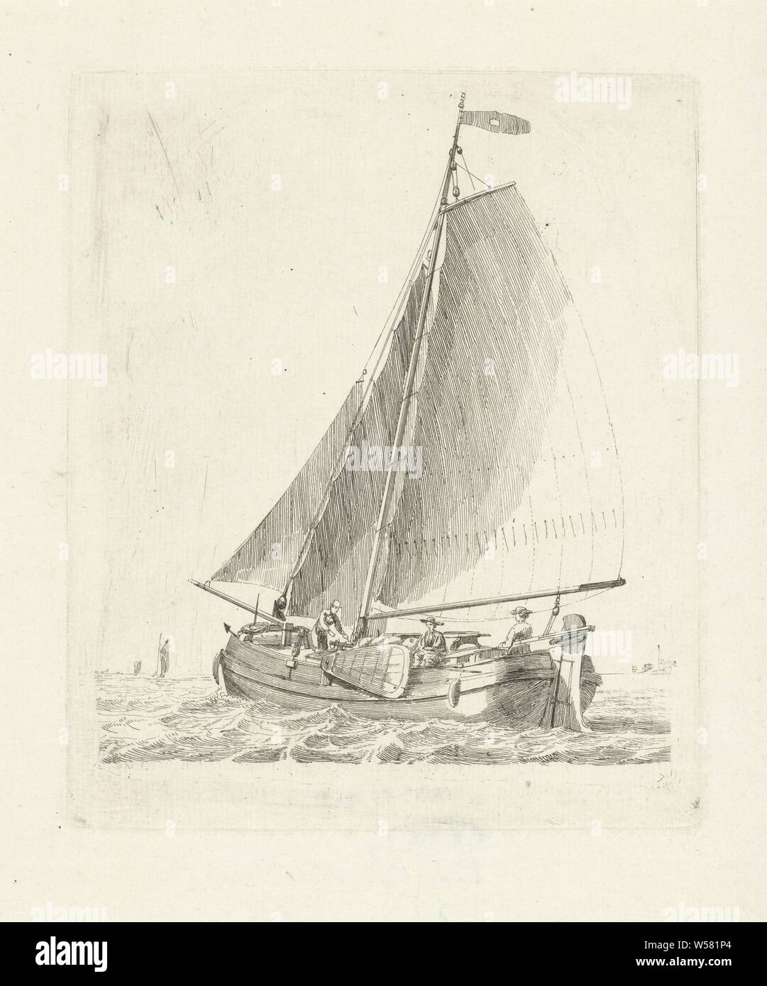 Nave a vela con tre figure diverse barche di serie B (titolo serie), la nave a vela con tre figure si vede dal lato. Un uomo con un cappello sta al timone. Questa stampa è parte di una serie di dodici stampe con barche, navi (in generale), Gerrit Groenewegen, Rotterdam, 1787, carta, attacco, h 154 mm × W 122 mm Foto Stock