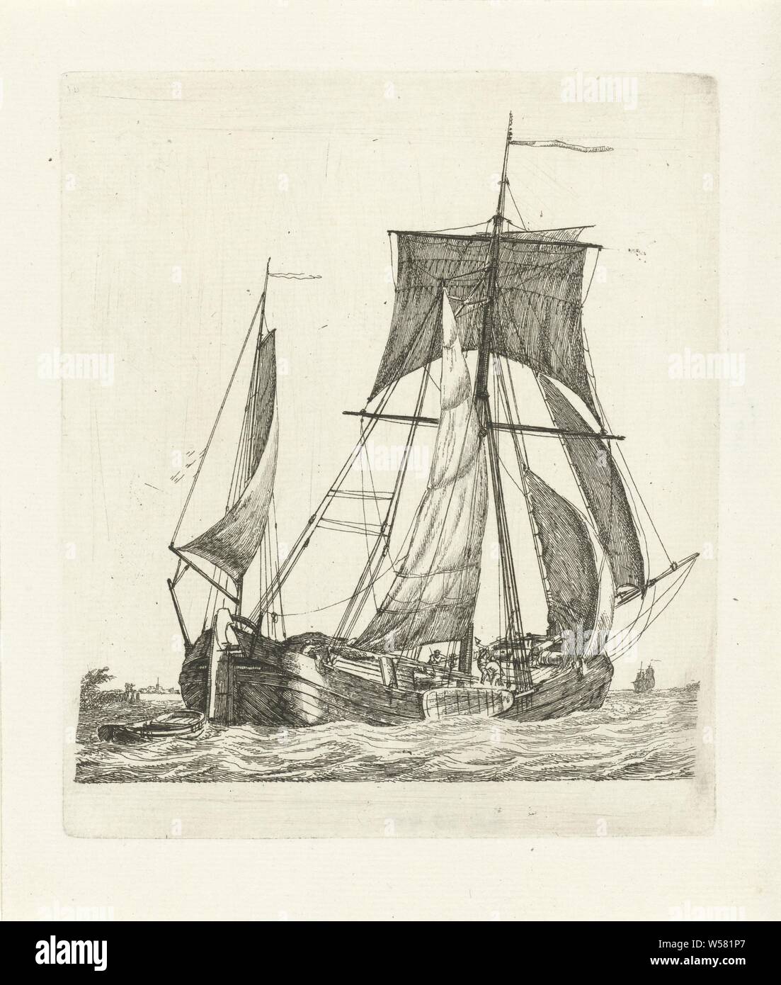 Una nave a vela con sloop sulle onde navi differenti serie E (titolo serie), una nave a vela con figure, visto obliquamente da dietro. Uno sloop appeso dietro la nave a vela. Sulla parte destra dello sfondo è possibile vedere una nave a vela. A sinistra sullo sfondo, i contorni degli edifici sono visibili. Questa stampa è parte di una serie di dodici stampe con diverse navi a vela., navi (in generale), Gerrit Groenewegen, Rotterdam, 1790, carta, attacco, h 150 mm × W 129 mm Foto Stock