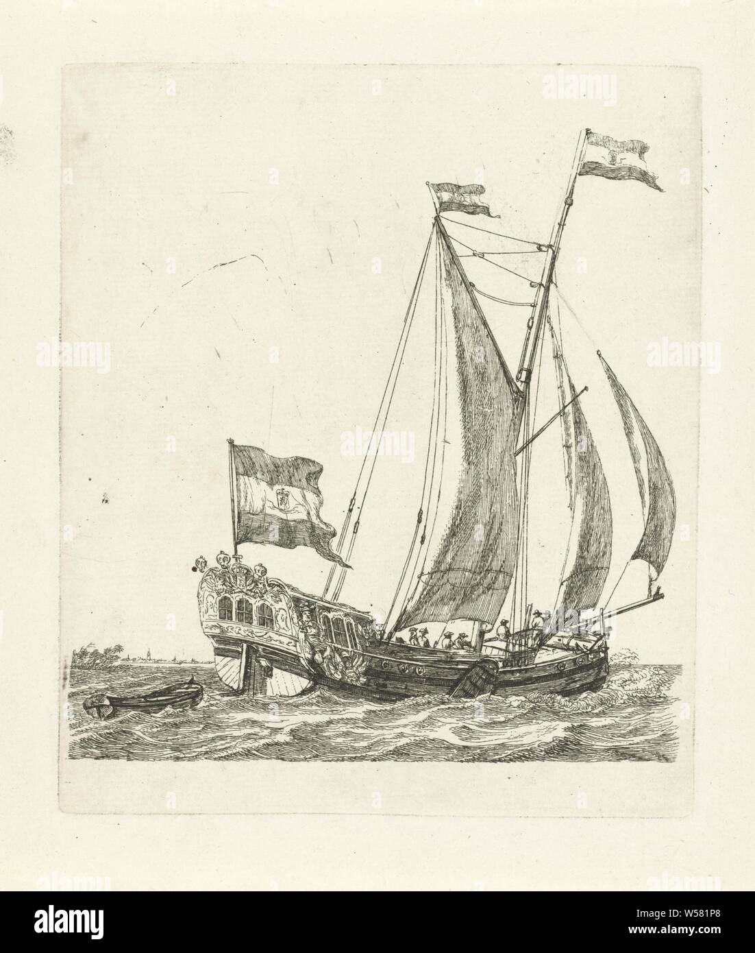 Nave a vela con tre bandiere navi differenti serie E (titolo serie), una nave a vela con una cabina e specchio, obliquamente visto da dietro. Un certo numero di figure sono rappresentate su una nave. Questa stampa è parte di una serie di dodici stampe con diverse navi a vela., navi (in generale), Gerrit Groenewegen, Rotterdam, 1790, carta, attacco, h 129 mm × W 152 mm Foto Stock