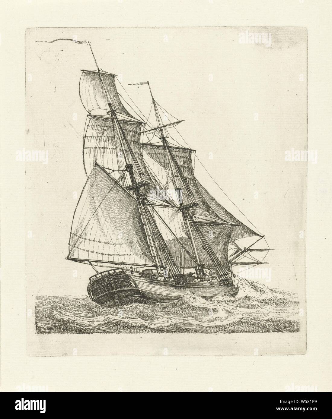 Due-montante su onde alte navi diverse serie E (titolo serie), un due-montante con specchio sulle onde, visto obliquamente da dietro. Sul ponte è una barca ed è possibile vedere un orologio e un certo numero di cifre. Questa stampa è parte di una serie di dodici stampe con diverse navi a vela., navi (in generale), Gerrit Groenewegen, Rotterdam, 1790, carta, attacco, h 151 mm × W 129 mm Foto Stock